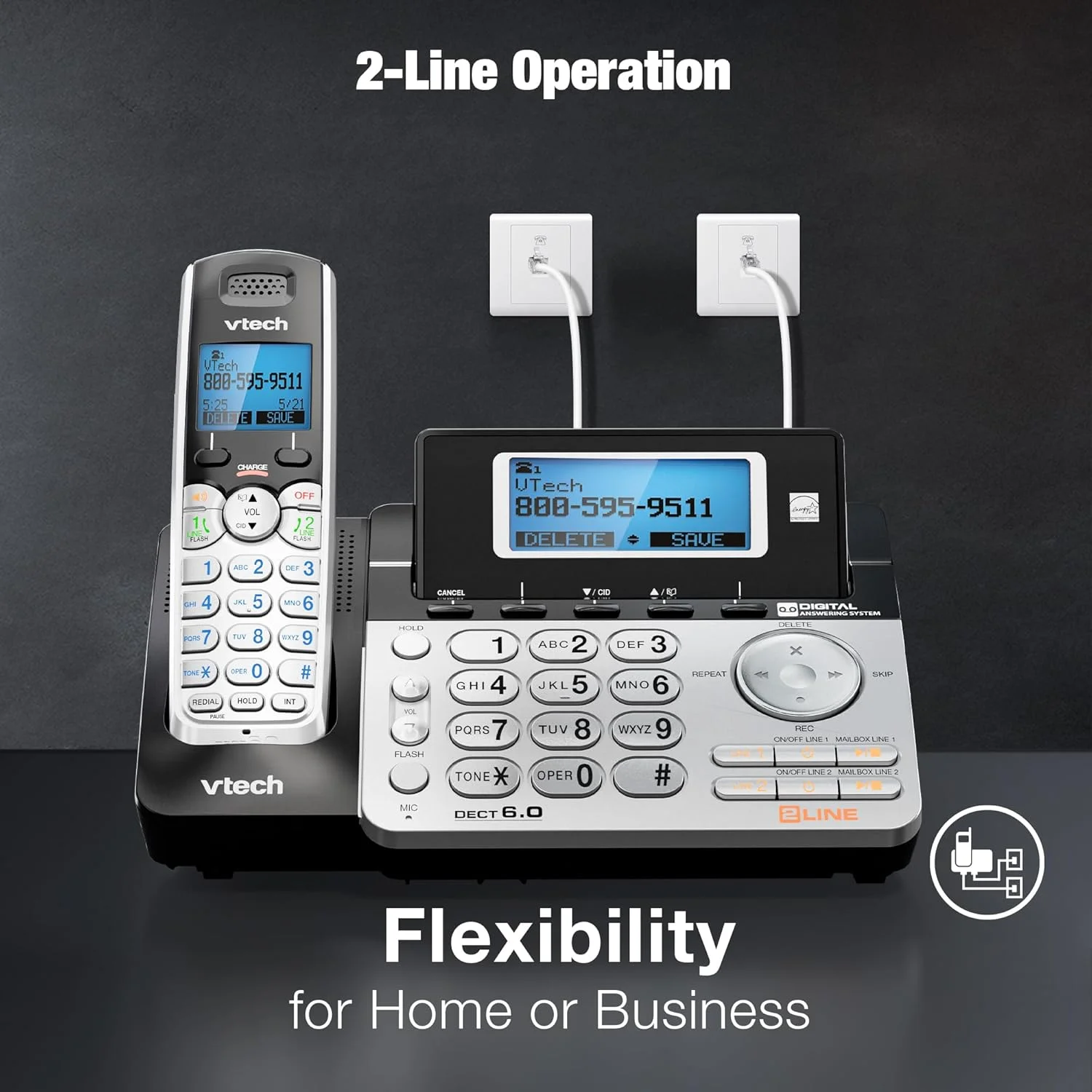 تلفن بی سیم دو خطی VTech DS6151 با سیستم پاسخگویی دیجیتال و صندوق پستی (مشکی/نقره ای) تلفن بی سیم دو خطی VTech DS6151 با سیستم پاسخگویی دیجیتال و صندوق پستی (مشکی/نقره ای)