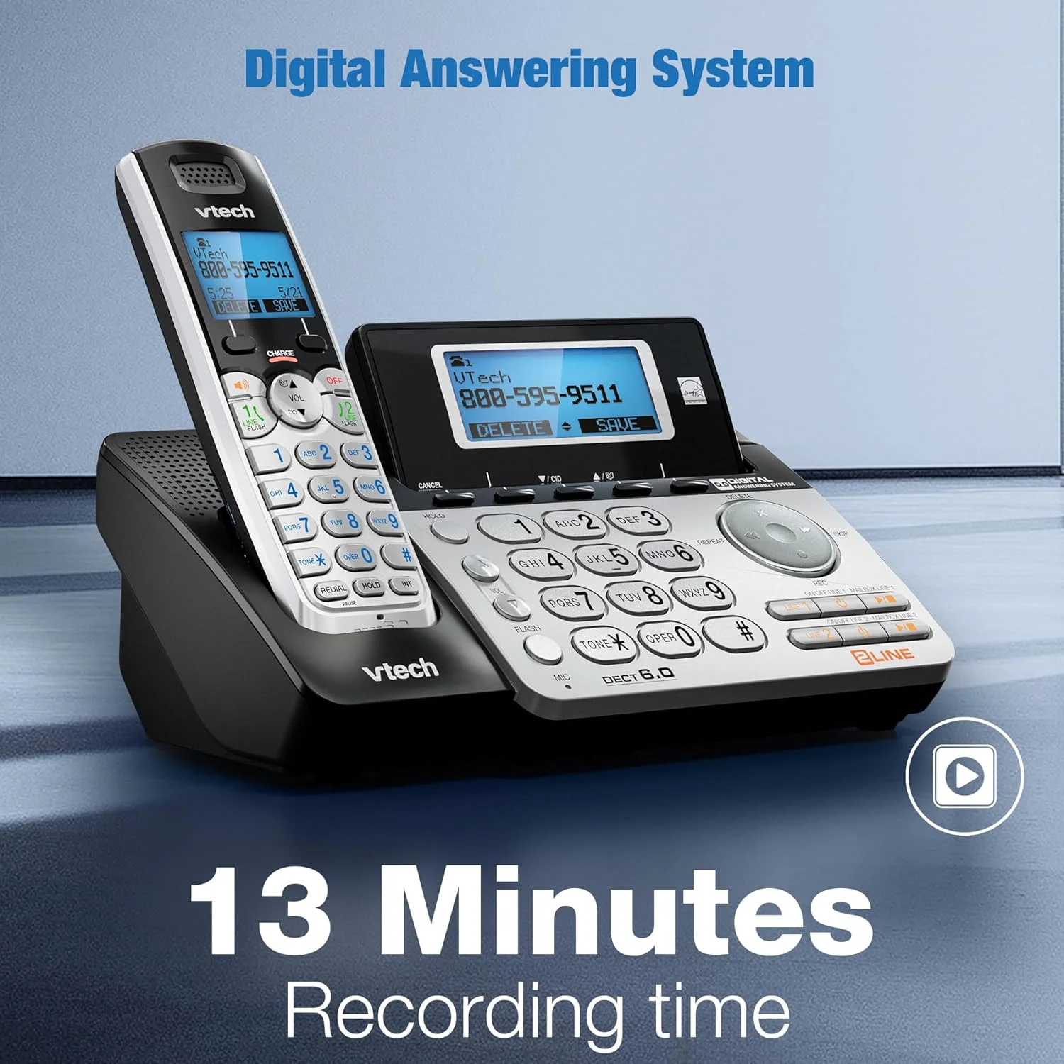 VTech VTech DS6151-2 2 Handset 2-Line Cordless Phone System for Home or Small Business with Digital Answering System & Mailbox on Each line, Silver VTech VTech DS6151-2 2 Handset 2-Line Cordless Phone System for Home or Small Business with Digital Answering System & Mailbox on Each line, Silver