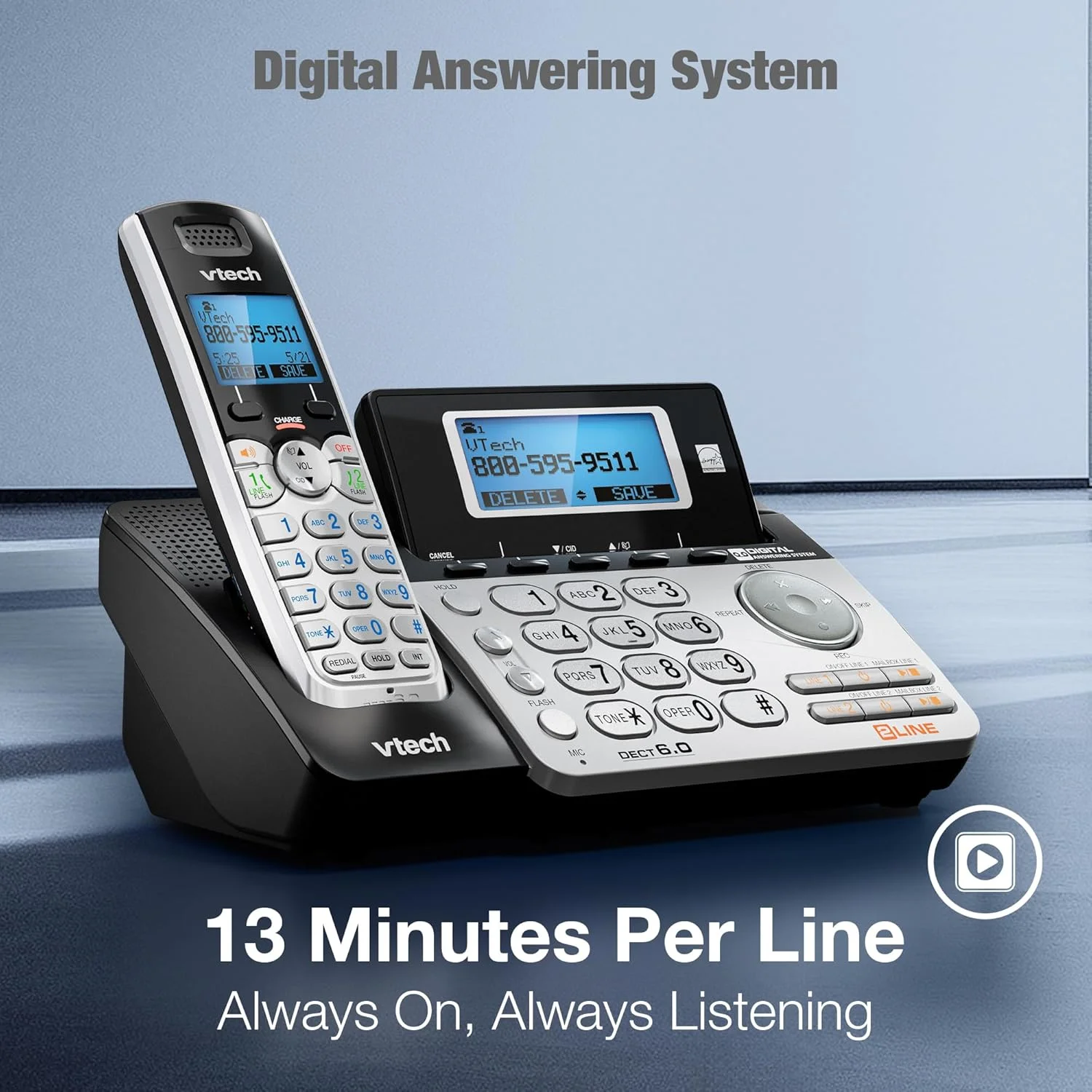 تلفن بی سیم دو خطی VTech DS6151 با سیستم پاسخگویی دیجیتال و صندوق پستی (مشکی/نقره ای) تلفن بی سیم دو خطی VTech DS6151 با سیستم پاسخگویی دیجیتال و صندوق پستی (مشکی/نقره ای)