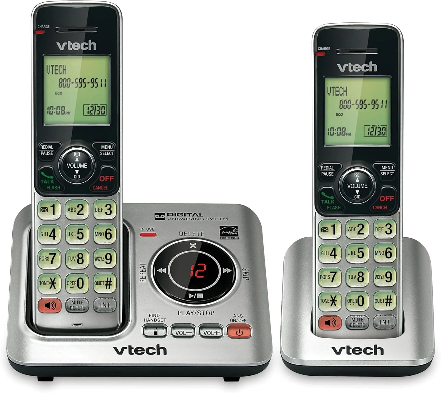 تلفن بی سیم قابل ارتقا VTech CS6629-2 DECT 6.0 با سیستم پاسخگویی و شناسه تماس گیرنده/انتظار تماس، نقره ای با 2 گوشی
