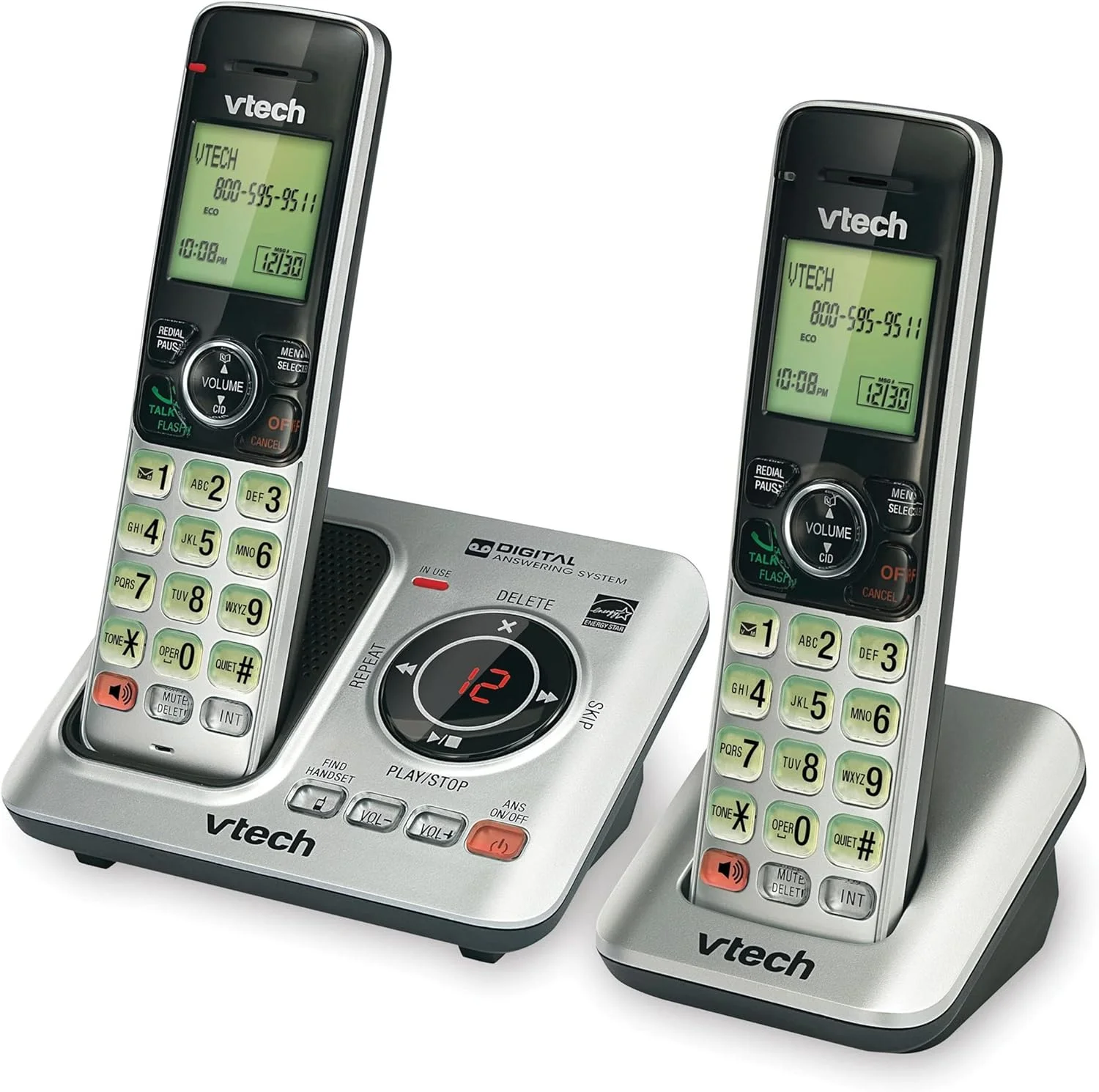 تلفن بی سیم قابل ارتقا VTech CS6629-2 DECT 6.0 با سیستم پاسخگویی و شناسه تماس گیرنده/انتظار تماس، نقره ای با 2 گوشی