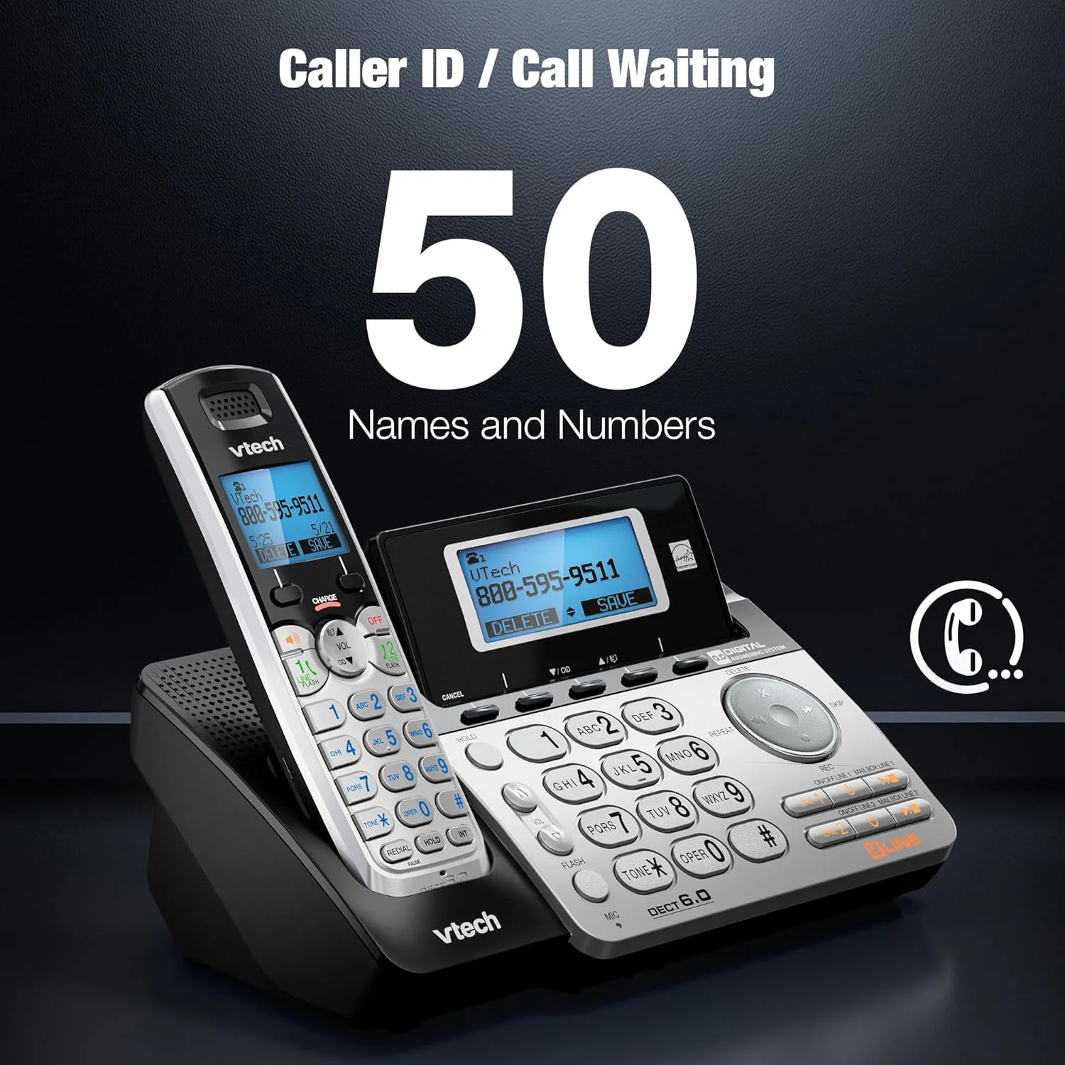 VTech VTech DS6151-2 2 Handset 2-Line Cordless Phone System for Home or Small Business with Digital Answering System & Mailbox on Each line, Silver VTech VTech DS6151-2 2 Handset 2-Line Cordless Phone System for Home or Small Business with Digital Answering System & Mailbox on Each line, Silver
