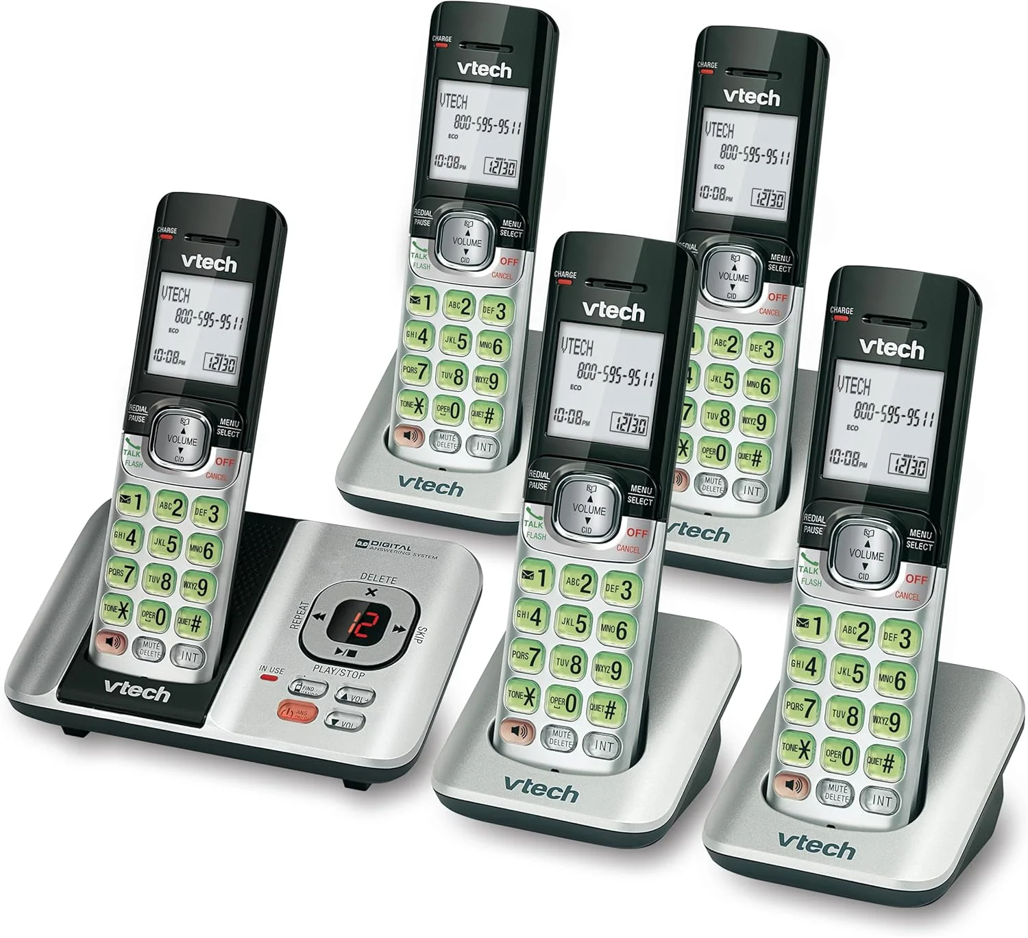 تلفن بی سیم 5 گوشی VTech CS6529-5 DECT 6.0 با سیستم پاسخگویی، شناسه تماس گیرنده/انتظار تماس، قابلیت نصب روی دیوار، صفحه نمایش LCD، بلندگوی گوشی (نقره ای/مشکی) تلفن بی سیم 5 گوشی VTech CS6529-5 DECT 6.0 با سیستم پاسخگویی، شناسه تماس گیرنده/انتظار تماس، قابلیت نصب روی دیوار، صفحه نمایش LCD، بلندگوی گوشی (نقره ای/مشکی)