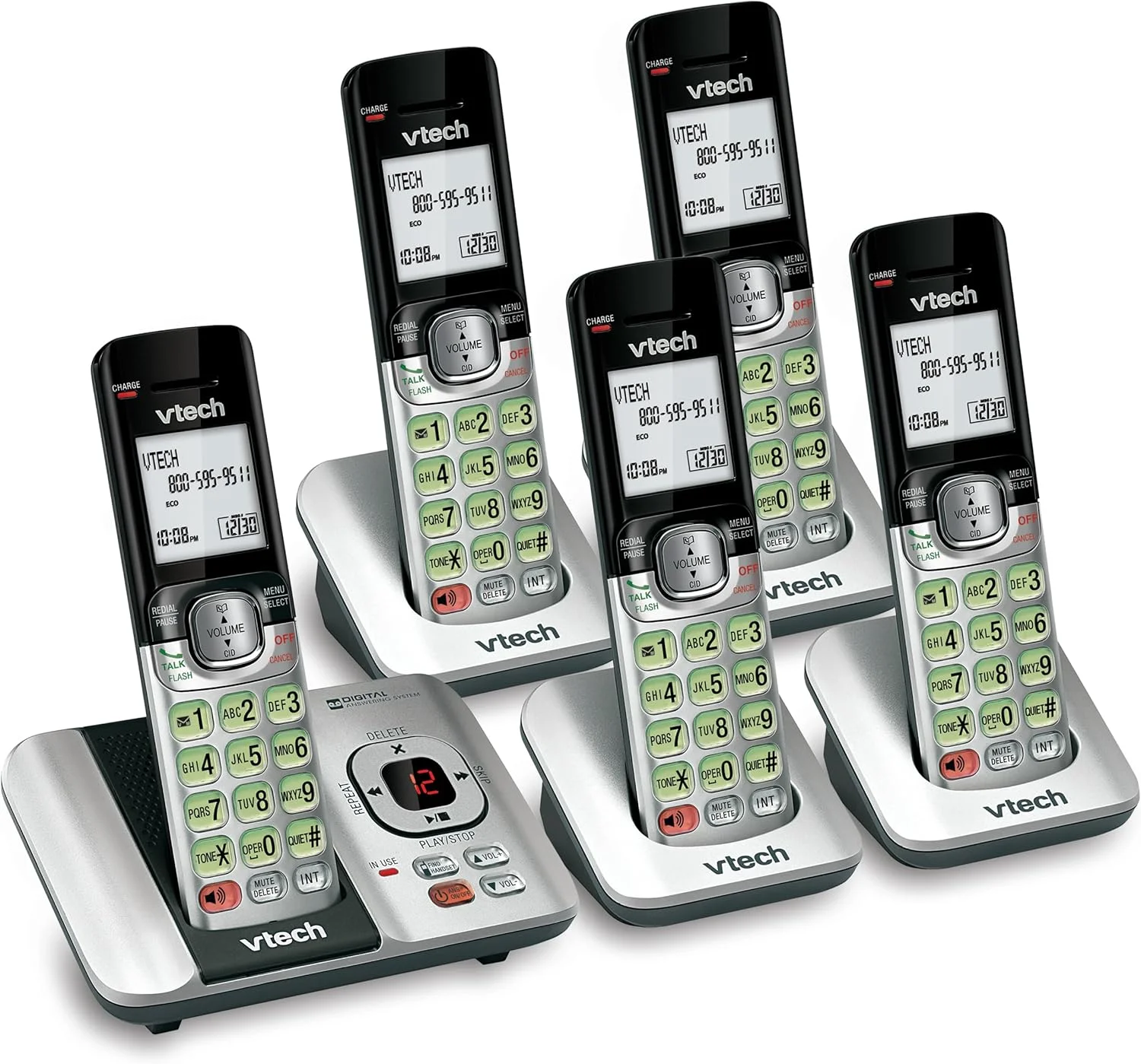 تلفن بی سیم 5 گوشی VTech CS6529-5 DECT 6.0 با سیستم پاسخگویی، شناسه تماس گیرنده/انتظار تماس، قابلیت نصب روی دیوار، صفحه نمایش LCD، بلندگوی گوشی (نقره ای/مشکی) تلفن بی سیم 5 گوشی VTech CS6529-5 DECT 6.0 با سیستم پاسخگویی، شناسه تماس گیرنده/انتظار تماس، قابلیت نصب روی دیوار، صفحه نمایش LCD، بلندگوی گوشی (نقره ای/مشکی)