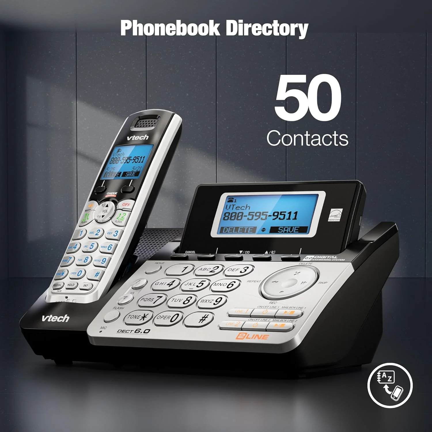 تلفن بی سیم دو خطی VTech DS6151 با سیستم پاسخگویی دیجیتال و صندوق پستی (مشکی/نقره ای) تلفن بی سیم دو خطی VTech DS6151 با سیستم پاسخگویی دیجیتال و صندوق پستی (مشکی/نقره ای)