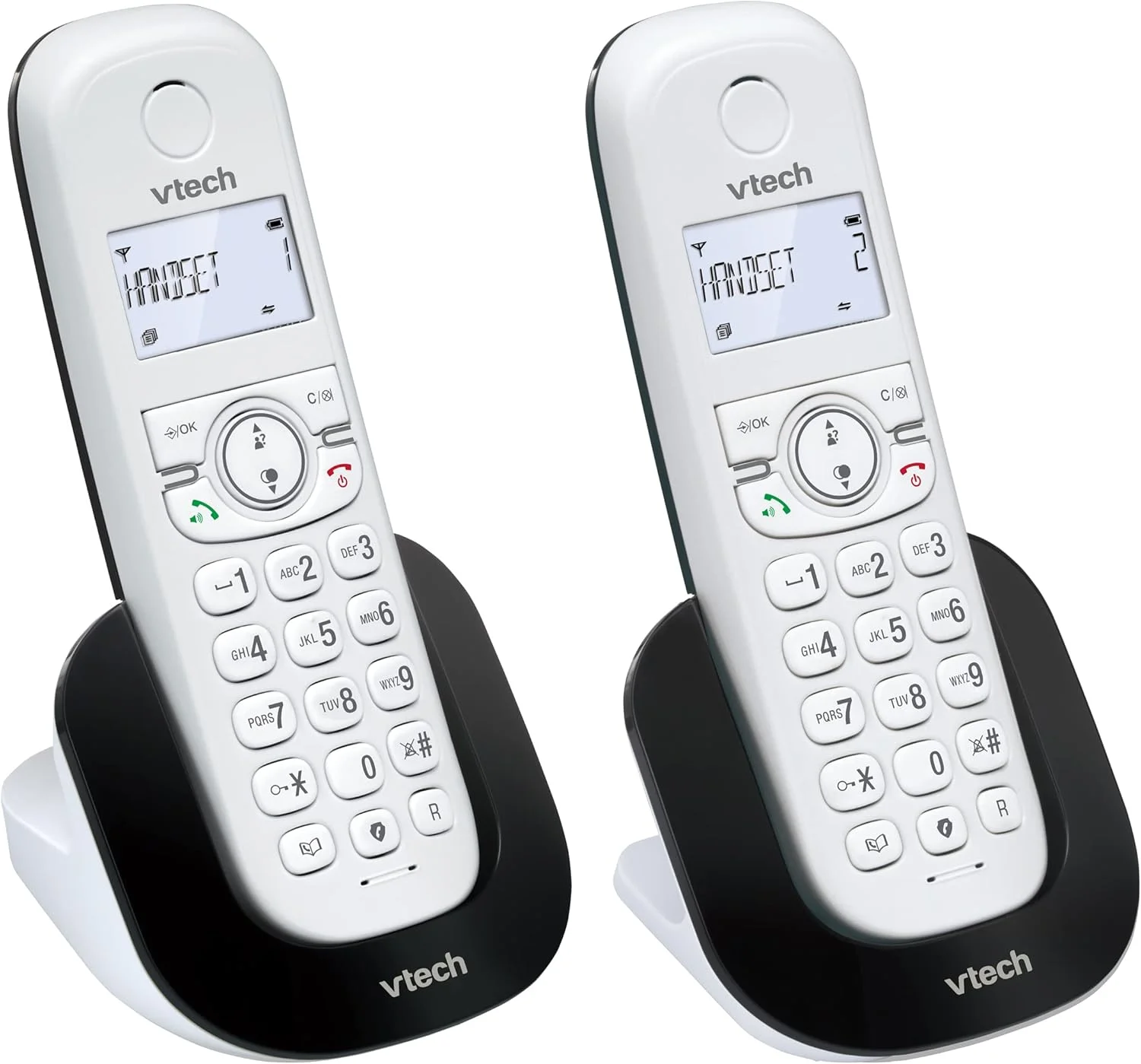 تلفن بی سیم دو گوشی VTech CS1501 DECT با قابلیت مسدود کردن تماس، نمایشگر شناسه تماس گیرنده/انتظار تماس، بلندگوی هندزفری، صفحه کلید و نمایشگر دارای نور پس زمینه و شارژر دوگانه تلفن بی سیم دو گوشی VTech CS1501 DECT با قابلیت مسدود کردن تماس، نمایشگر شناسه تماس گیرنده/انتظار تماس، بلندگوی هندزفری، صفحه کلید و نمایشگر دارای نور پس زمینه و شارژر دوگانه