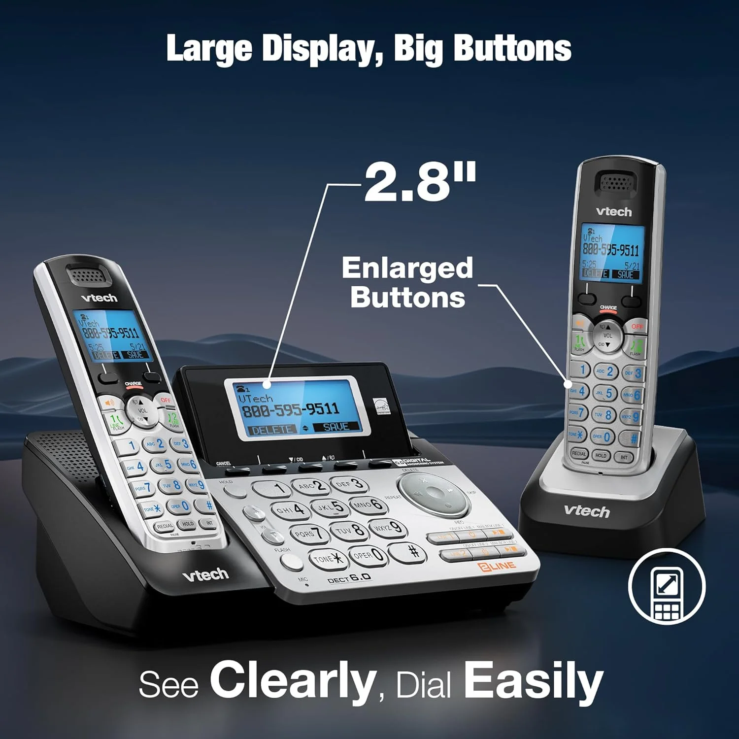 VTech VTech DS6151-2 2 Handset 2-Line Cordless Phone System for Home or Small Business with Digital Answering System & Mailbox on Each line, Silver VTech VTech DS6151-2 2 Handset 2-Line Cordless Phone System for Home or Small Business with Digital Answering System & Mailbox on Each line, Silver