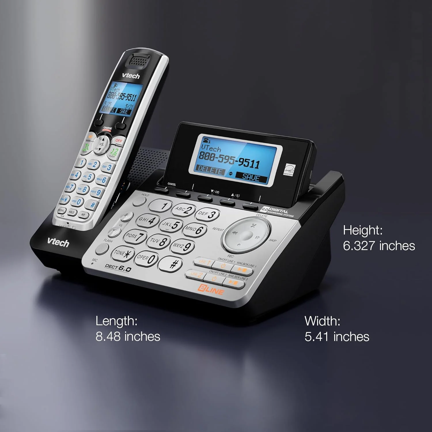 تلفن بی سیم دو خطی VTech DS6151 با سیستم پاسخگویی دیجیتال و صندوق پستی (مشکی/نقره ای) تلفن بی سیم دو خطی VTech DS6151 با سیستم پاسخگویی دیجیتال و صندوق پستی (مشکی/نقره ای)