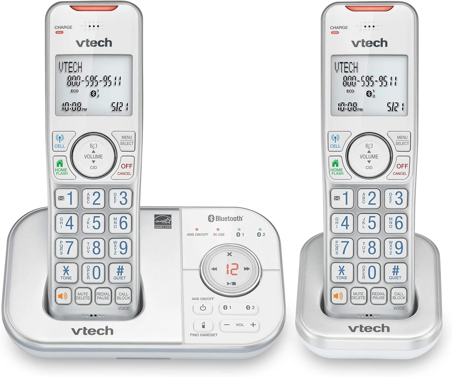تلفن بی سیم دو گوشی VTECH VS112-27 DECT 6.0 بلوتوث دار برای منزل با منشی تلفنی، مسدود کردن تماس، نمایشگر شماره تماس گیرنده، ارتباط داخلی و اتصال به تلفن همراه (نقره ای و سفید) تلفن بی سیم دو گوشی VTECH VS112-27 DECT 6.0 بلوتوث دار برای منزل با منشی تلفنی، مسدود کردن تماس، نمایشگر شماره تماس گیرنده، ارتباط داخلی و اتصال به تلفن همراه (نقره ای و سفید)