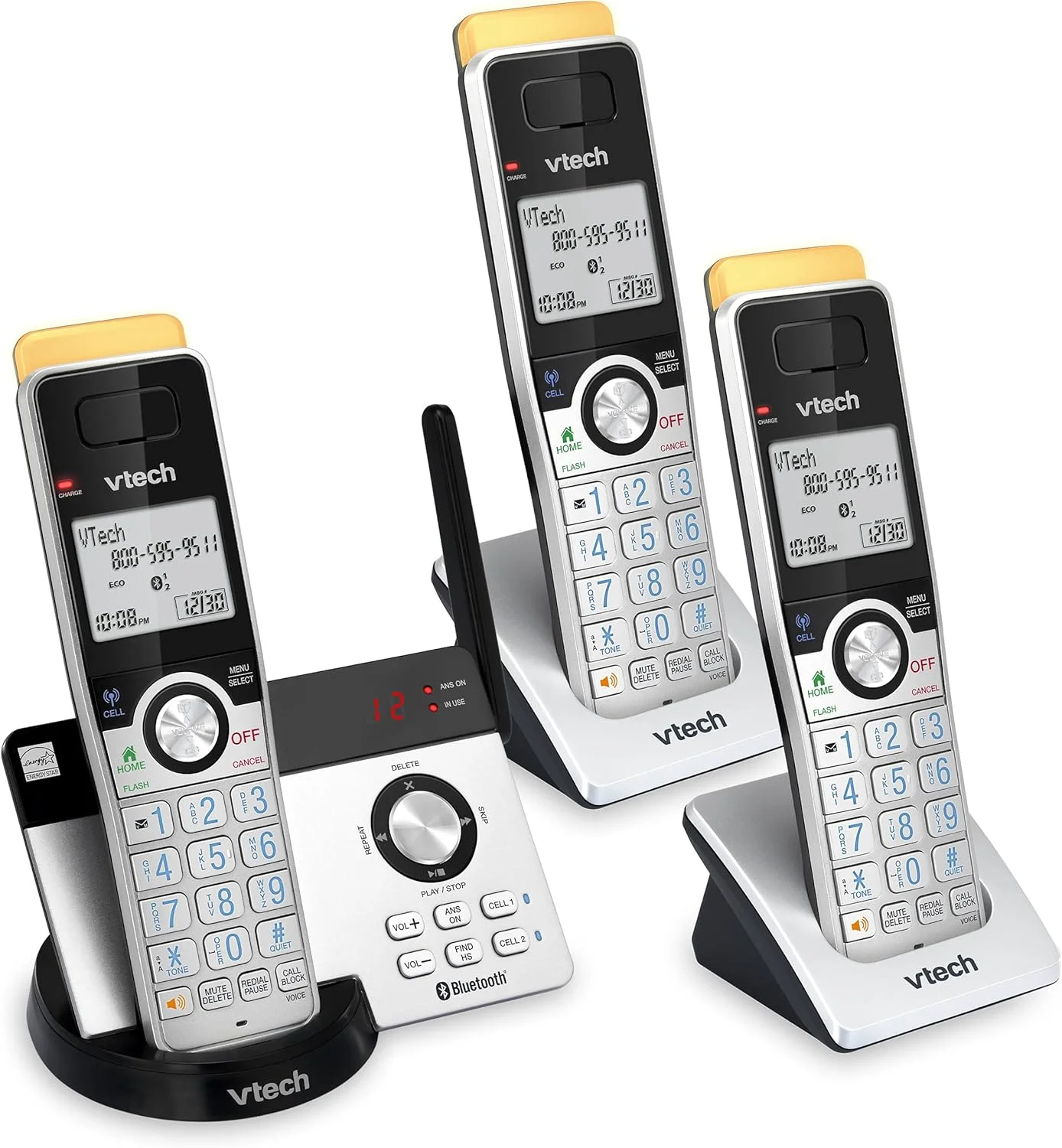 تلفن بی سیم 3 گوشی VTECH IS8121-3 با برد فوق العاده طولانی تا 700 متر، فناوری DECT 6.0، بلوتوث، دارای منشی تلفنی، مسدود کننده تماس، اتصال به تلفن همراه، ارتباط داخلی و قابلیت افزایش تا 5 گوشی