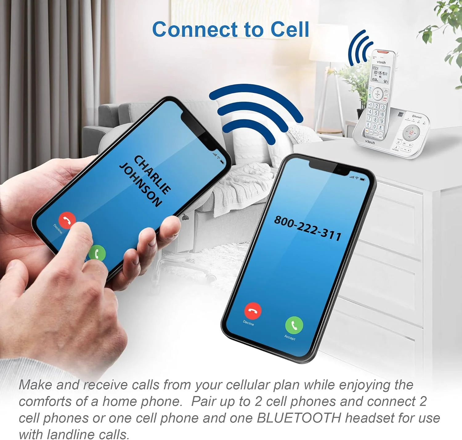 تلفن بی سیم دو گوشی VTECH VS112-27 DECT 6.0 بلوتوث دار برای منزل با منشی تلفنی، مسدود کردن تماس، نمایشگر شماره تماس گیرنده، ارتباط داخلی و اتصال به تلفن همراه (نقره ای و سفید) تلفن بی سیم دو گوشی VTECH VS112-27 DECT 6.0 بلوتوث دار برای منزل با منشی تلفنی، مسدود کردن تماس، نمایشگر شماره تماس گیرنده، ارتباط داخلی و اتصال به تلفن همراه (نقره ای و سفید)