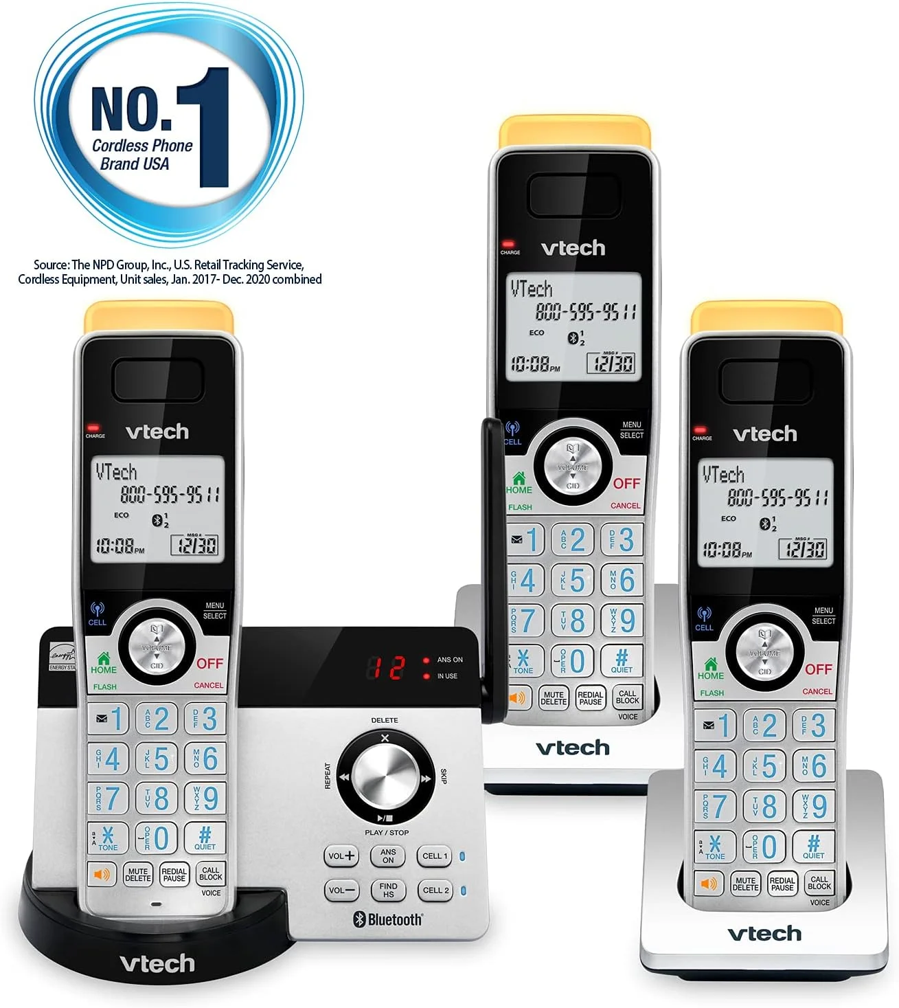 تلفن بی سیم 3 گوشی VTECH IS8121-3 با برد فوق العاده طولانی تا 700 متر، فناوری DECT 6.0، بلوتوث، دارای منشی تلفنی، مسدود کننده تماس، اتصال به تلفن همراه، ارتباط داخلی و قابلیت افزایش تا 5 گوشی