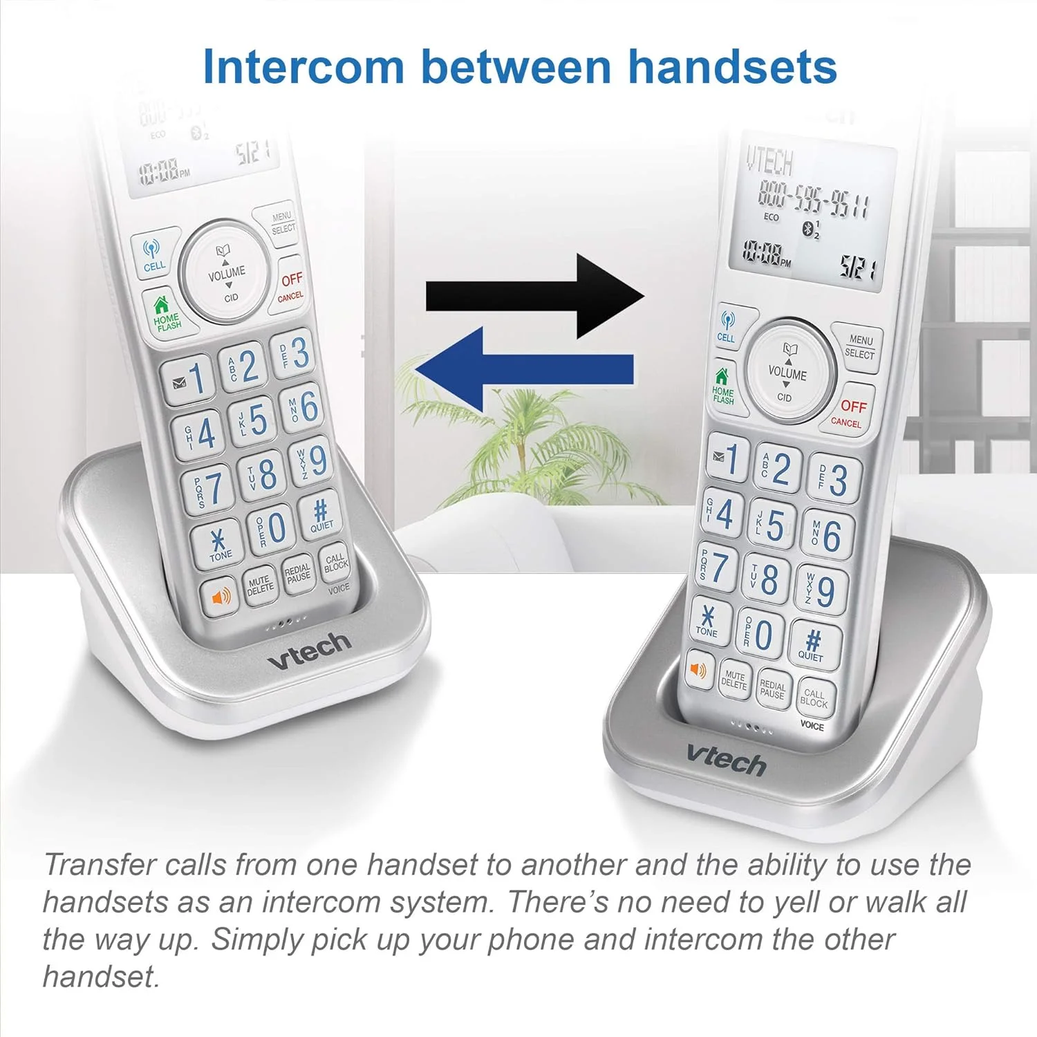 تلفن بی سیم دو گوشی VTECH VS112-27 DECT 6.0 بلوتوث دار برای منزل با منشی تلفنی، مسدود کردن تماس، نمایشگر شماره تماس گیرنده، ارتباط داخلی و اتصال به تلفن همراه (نقره ای و سفید) تلفن بی سیم دو گوشی VTECH VS112-27 DECT 6.0 بلوتوث دار برای منزل با منشی تلفنی، مسدود کردن تماس، نمایشگر شماره تماس گیرنده، ارتباط داخلی و اتصال به تلفن همراه (نقره ای و سفید)