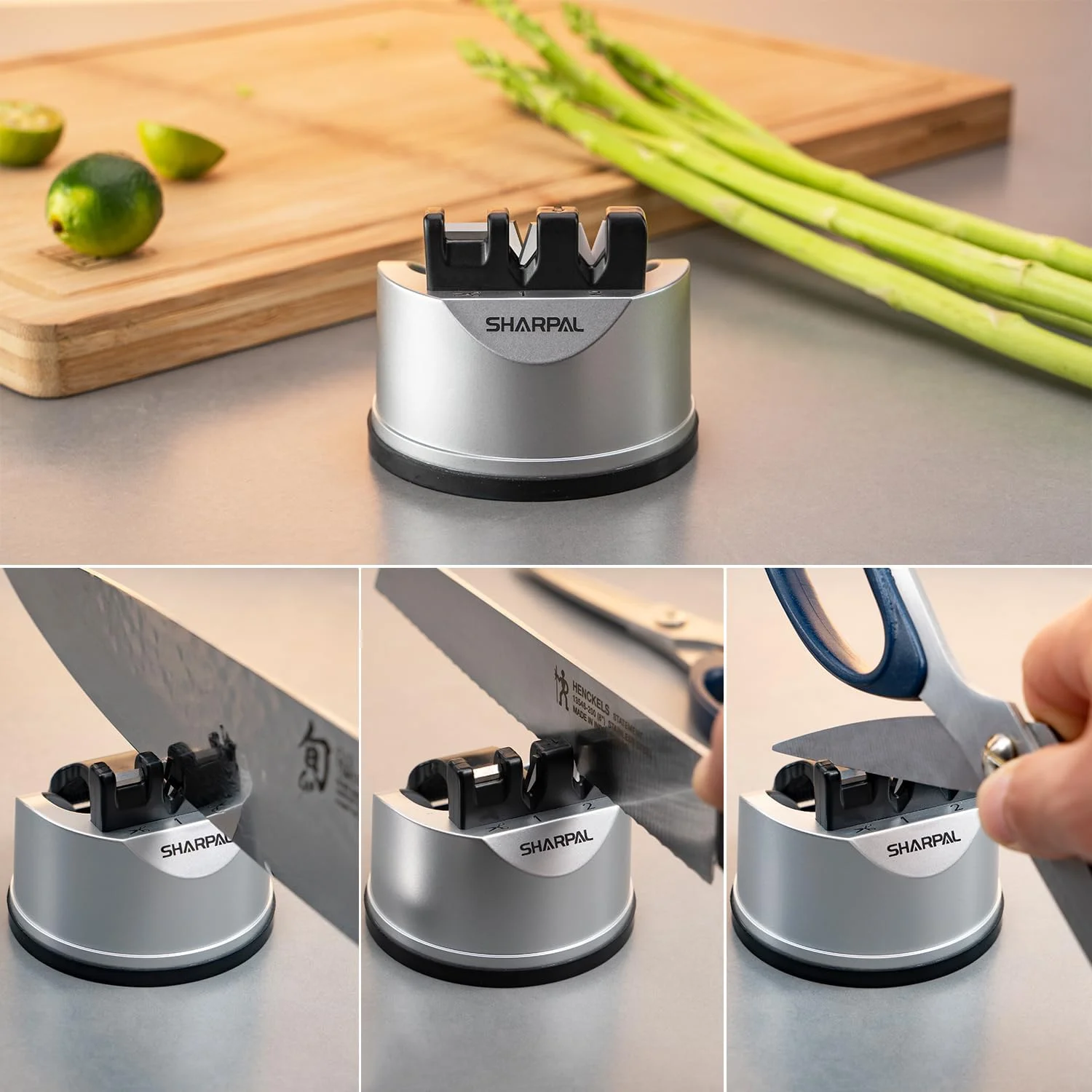 تیزکن آشپزخانه شارپال 191H برای چاقو و قیچی، مناسب چاقوهای صاف و دندانه دار، ابزار تیزکن 3 مرحله ای به ترمیم و احیای تیغه ها کمک می کند