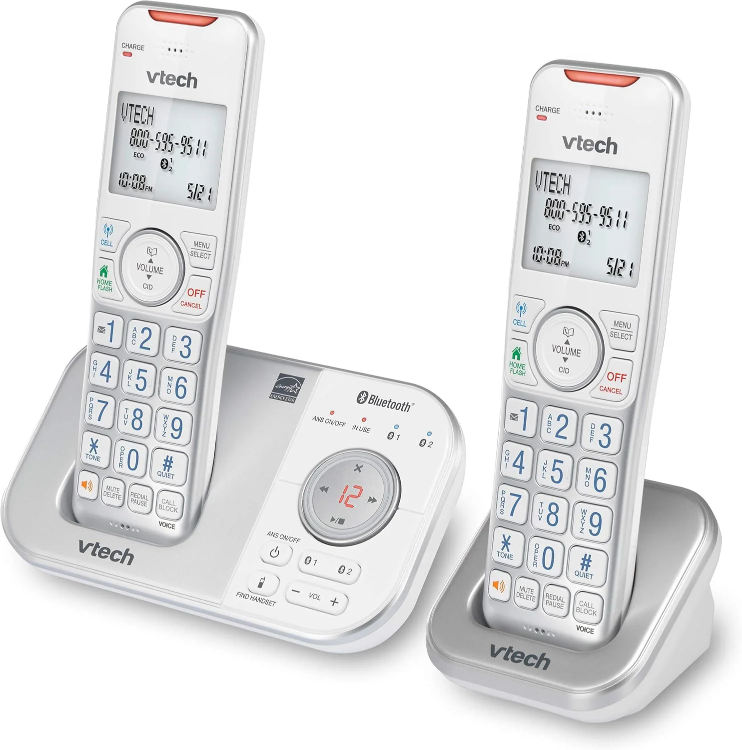 تلفن بی سیم دو گوشی VTECH VS112-27 DECT 6.0 بلوتوث دار برای منزل با منشی تلفنی، مسدود کردن تماس، نمایشگر شماره تماس گیرنده، ارتباط داخلی و اتصال به تلفن همراه (نقره ای و سفید) تلفن بی سیم دو گوشی VTECH VS112-27 DECT 6.0 بلوتوث دار برای منزل با منشی تلفنی، مسدود کردن تماس، نمایشگر شماره تماس گیرنده، ارتباط داخلی و اتصال به تلفن همراه (نقره ای و سفید)