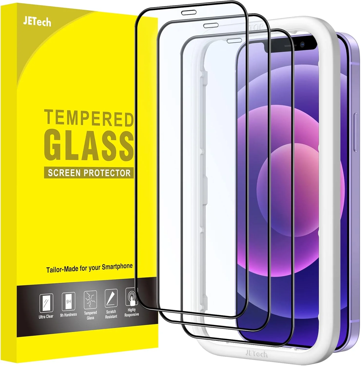 محافظ صفحه نمایش پوشش کامل JETech برای آیفون 12 مینی 5.4 اینچی، فیلم شیشه ای حرارت دیده با لبه مشکی به همراه ابزار نصب آسان، سازگار با قاب، شفافیت HD، بسته 3 عددی