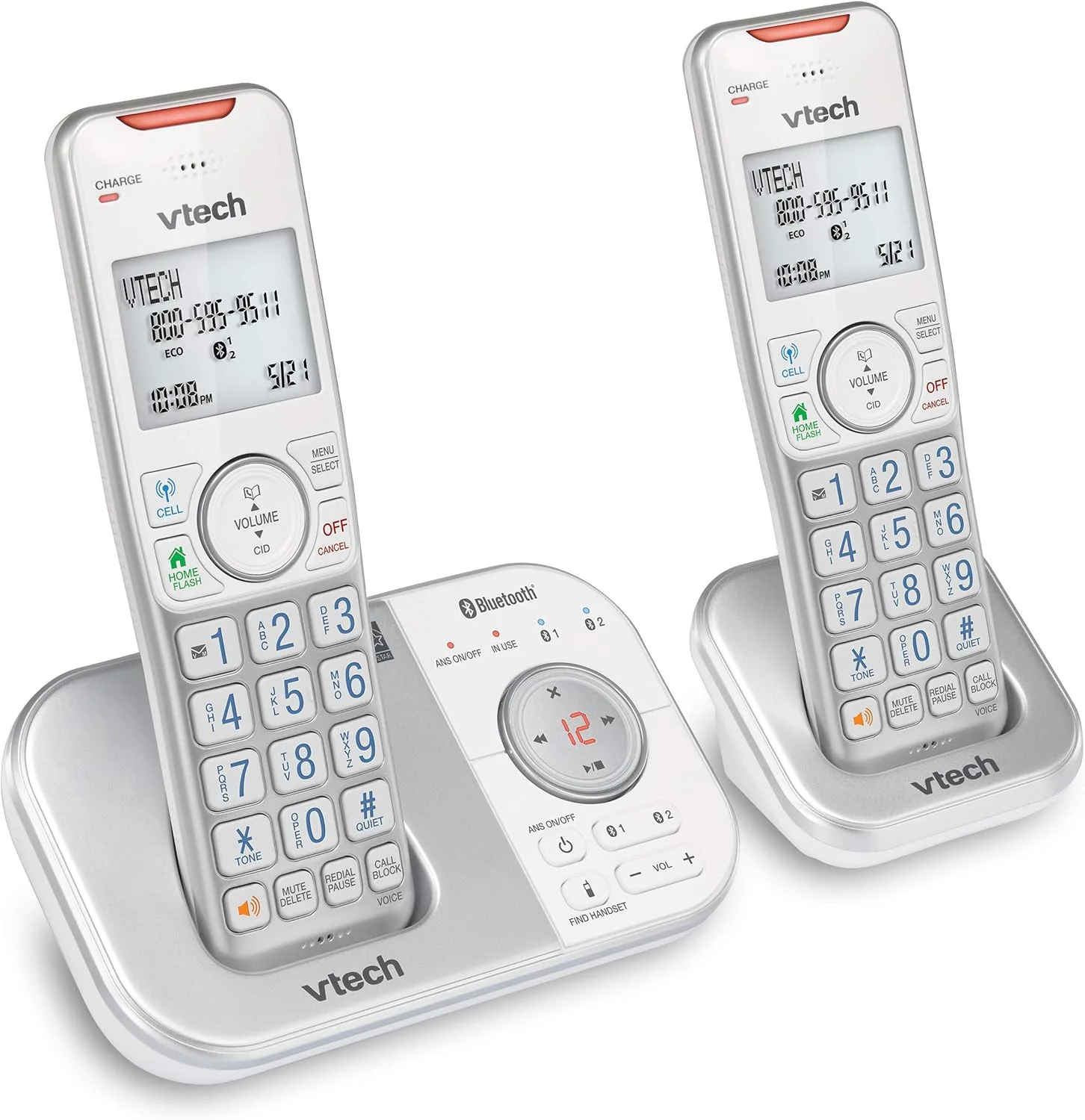 تلفن بی سیم دو گوشی VTECH VS112-27 DECT 6.0 بلوتوث دار برای منزل با منشی تلفنی، مسدود کردن تماس، نمایشگر شماره تماس گیرنده، ارتباط داخلی و اتصال به تلفن همراه (نقره ای و سفید) تلفن بی سیم دو گوشی VTECH VS112-27 DECT 6.0 بلوتوث دار برای منزل با منشی تلفنی، مسدود کردن تماس، نمایشگر شماره تماس گیرنده، ارتباط داخلی و اتصال به تلفن همراه (نقره ای و سفید)