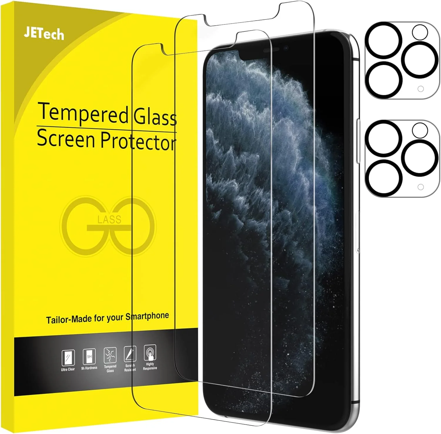 محافظ صفحه نمایش JETech برای آیفون 11 پرو مکس 6.5 اینچی به همراه محافظ لنز دوربین، فیلم شیشه ای حرارت دیده، بسته 2 عددی محافظ صفحه نمایش JETech برای آیفون 11 پرو مکس 6.5 اینچی به همراه محافظ لنز دوربین، فیلم شیشه ای حرارت دیده، بسته 2 عددی