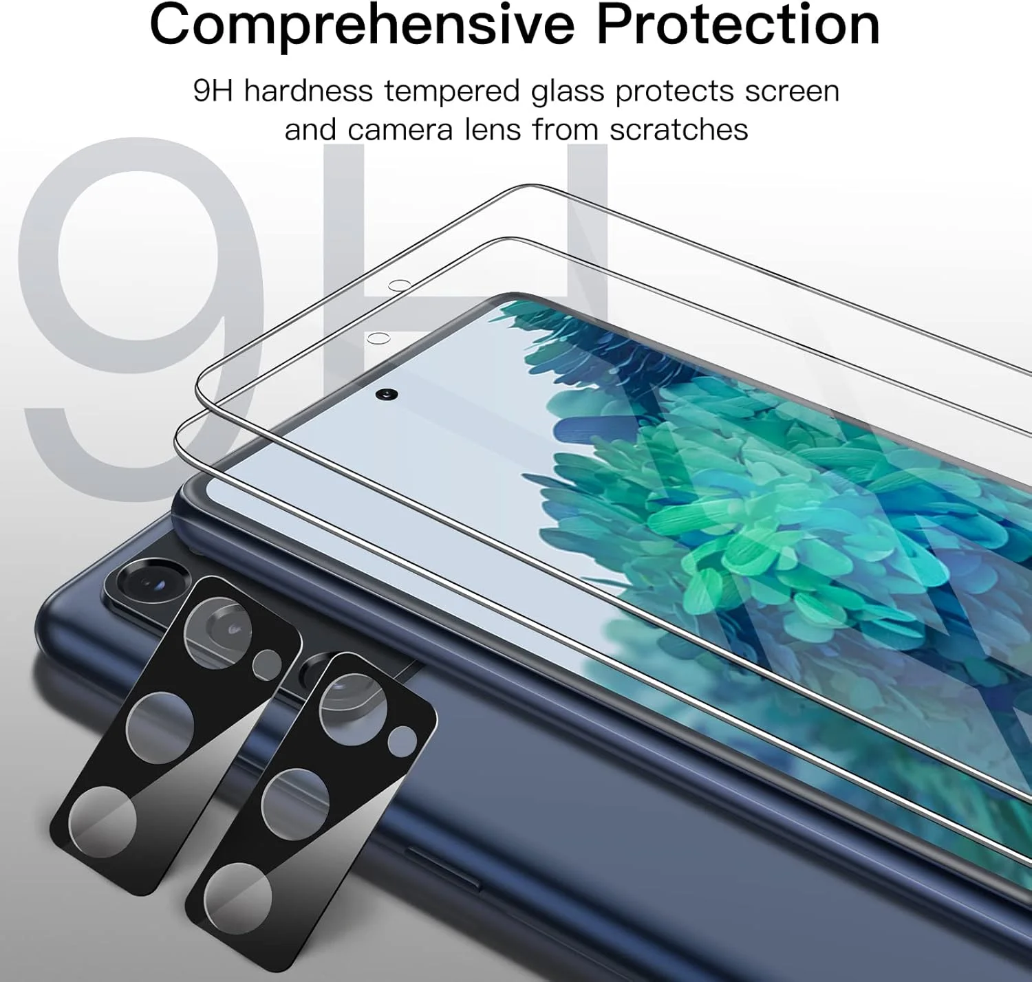 محافظ صفحه نمایش JETech برای گوشی سامسونگ گلکسی S20 FE سایز 6.5 اینچ به همراه محافظ لنز دوربین، فیلم شیشه ای حرارت دیده، سازگار با اثر انگشت، شفاف HD، 2 عدد در هر بسته