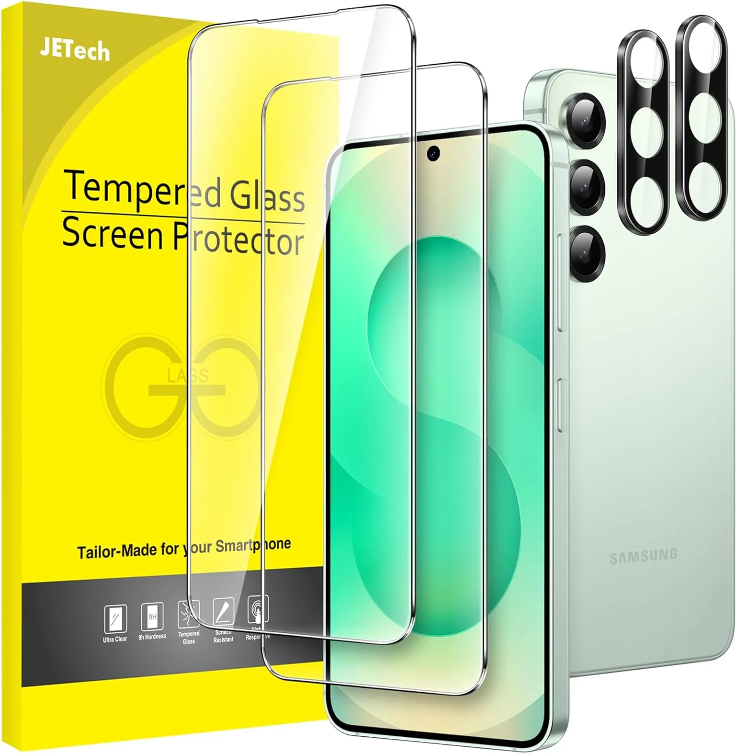 محافظ صفحه نمایش JETech برای گوشی سامسونگ گلکسی S25+ / S25 Plus 5G به همراه محافظ لنز دوربین، فیلم شیشه ای حرارت دیده، سازگار با اثر انگشت، شفاف HD، 2 عدد در هر بسته