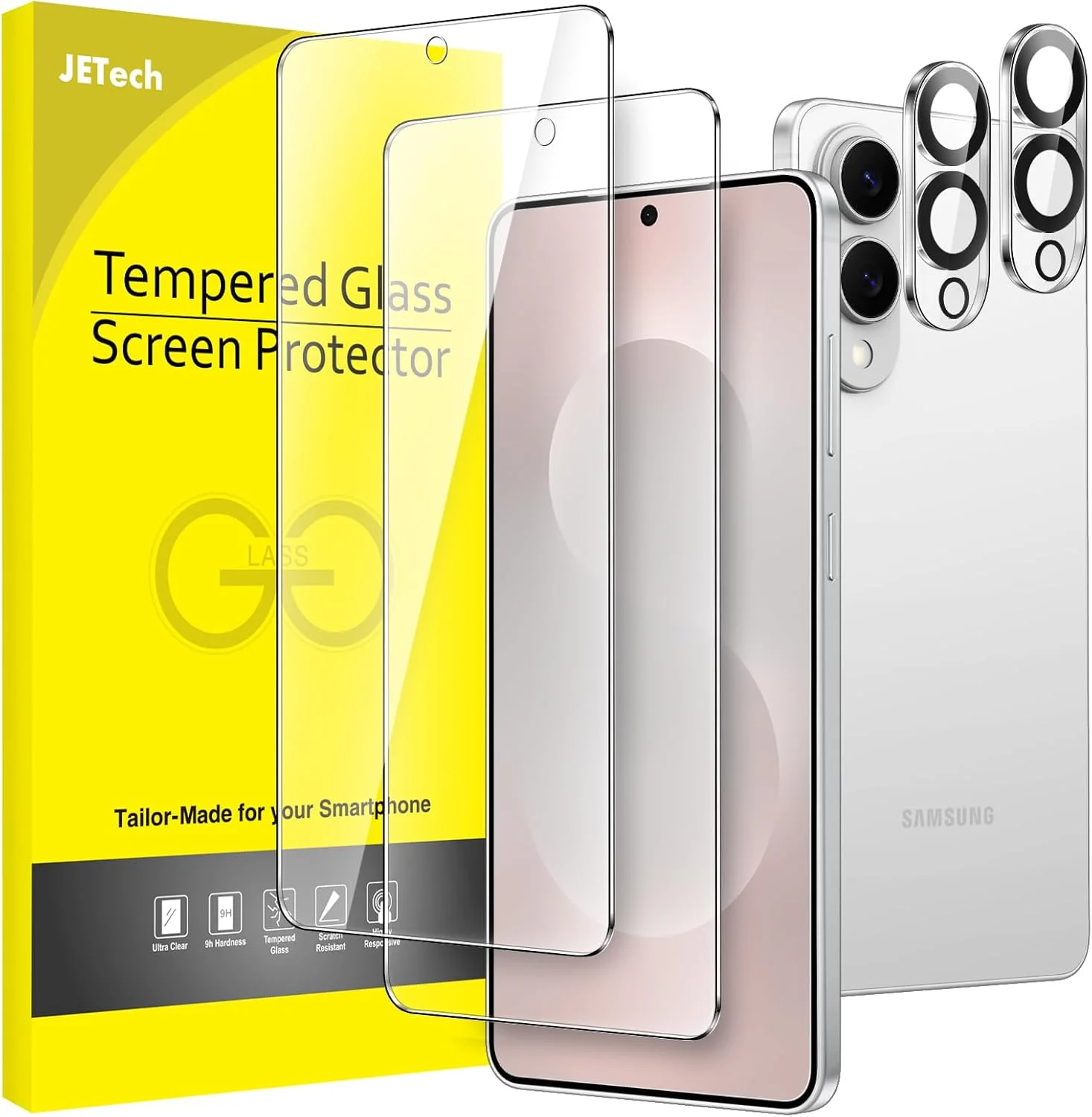 محافظ صفحه نمایش JETech برای Samsung Galaxy S25 Edge به همراه محافظ لنز دوربین، فیلم شیشه ای حرارت دیده، سازگار با اثر انگشت، شفاف HD، 2 عدد در هر بسته