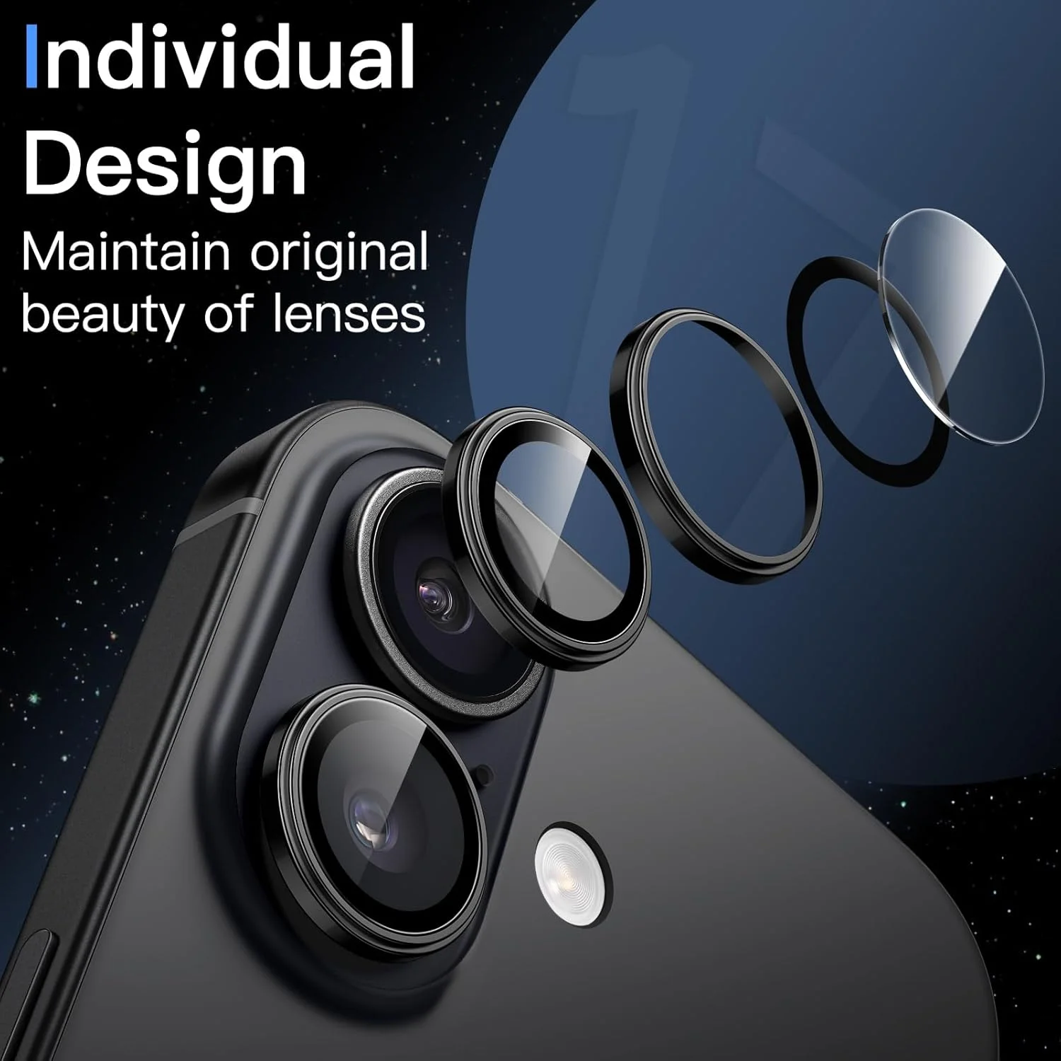 محافظ لنز دوربین JETech برای آیفون ۱۷ سایز ۶.۳ اینچ، فیت نامرئی ۱:۱، پوشش حلقه فلزی شیشه حرارت دیده 9H، سینی نصب آسان، شفافیت HD، یک ست (مشکی)