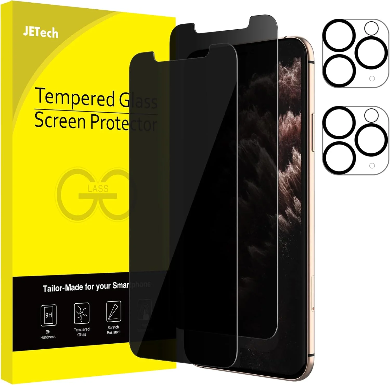 محافظ صفحه نمایش حریم خصوصی JETech برای آیفون 11 پرو 5.8 اینچی به همراه محافظ لنز دوربین، فیلم شیشه ای حرارت دیده ضد جاسوسی، بسته 2 عددی