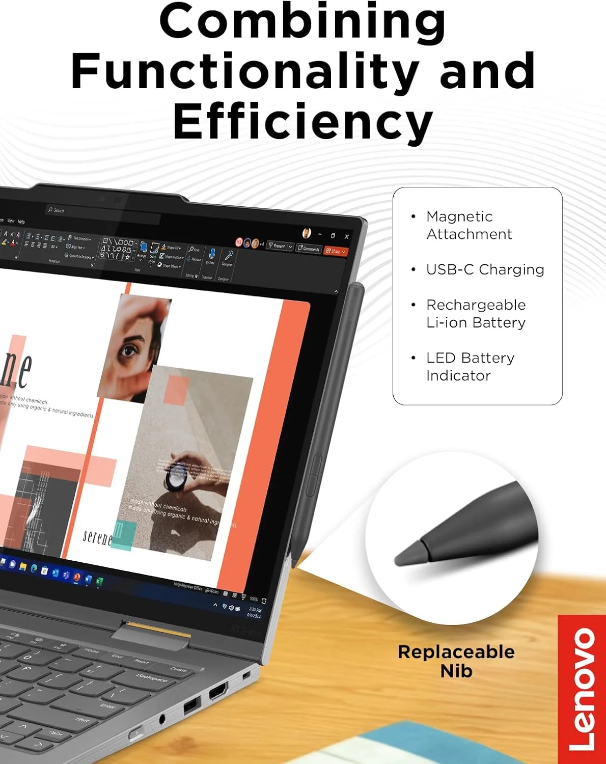 قلم لمسی قابل شارژ لنوو یوگا، مناسب برای لنوو یوگا، ThinkPad، ThinkBook و Chrome، شارژ USB-C، اتصال مغناطیسی، نوک قابل تعویض، پشتیبانی از پروتکل‌های مختلف، تجربه نوشتن روان