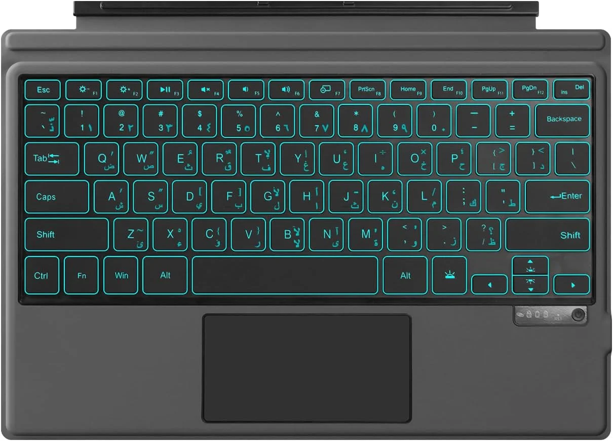 Gruattreay Arabic and English Keyboard Compatible with Microsoft Surface Pro 11/10/9/8/X, Wireless Bluetooth Magnetic Detachable 7-Color Backlit Smart Touchpad Keyboard (Black-Arabic)