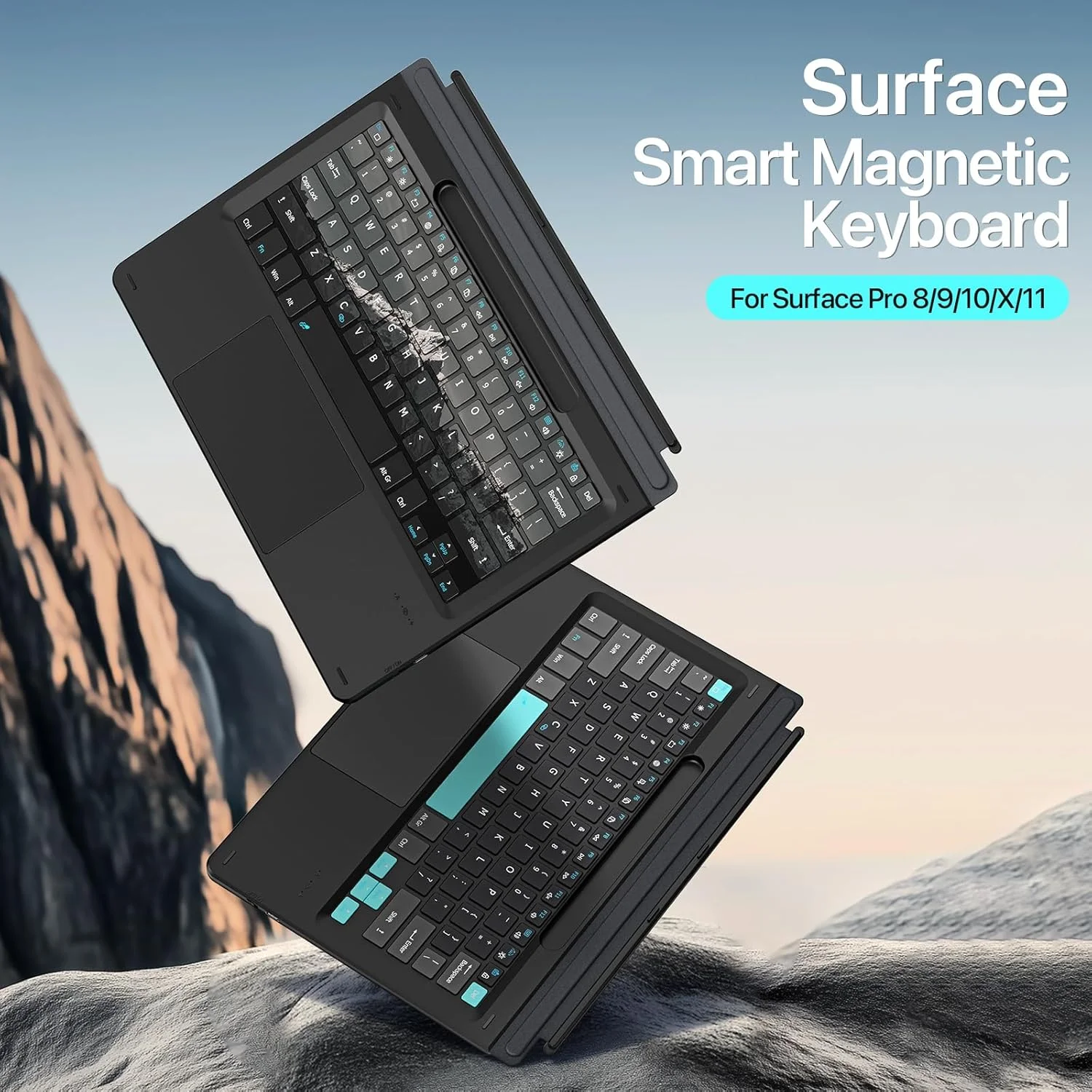 کیبورد Gruattreay سازگار با Microsoft Surface Pro 11/10/9/8/X، [13 اینچ]، دارای نور پس زمینه 7 رنگ، کیبورد بلوتوثی بی سیم فوق العاده باریک با تاچ پد و نگهدارنده قلم (استایل 2)