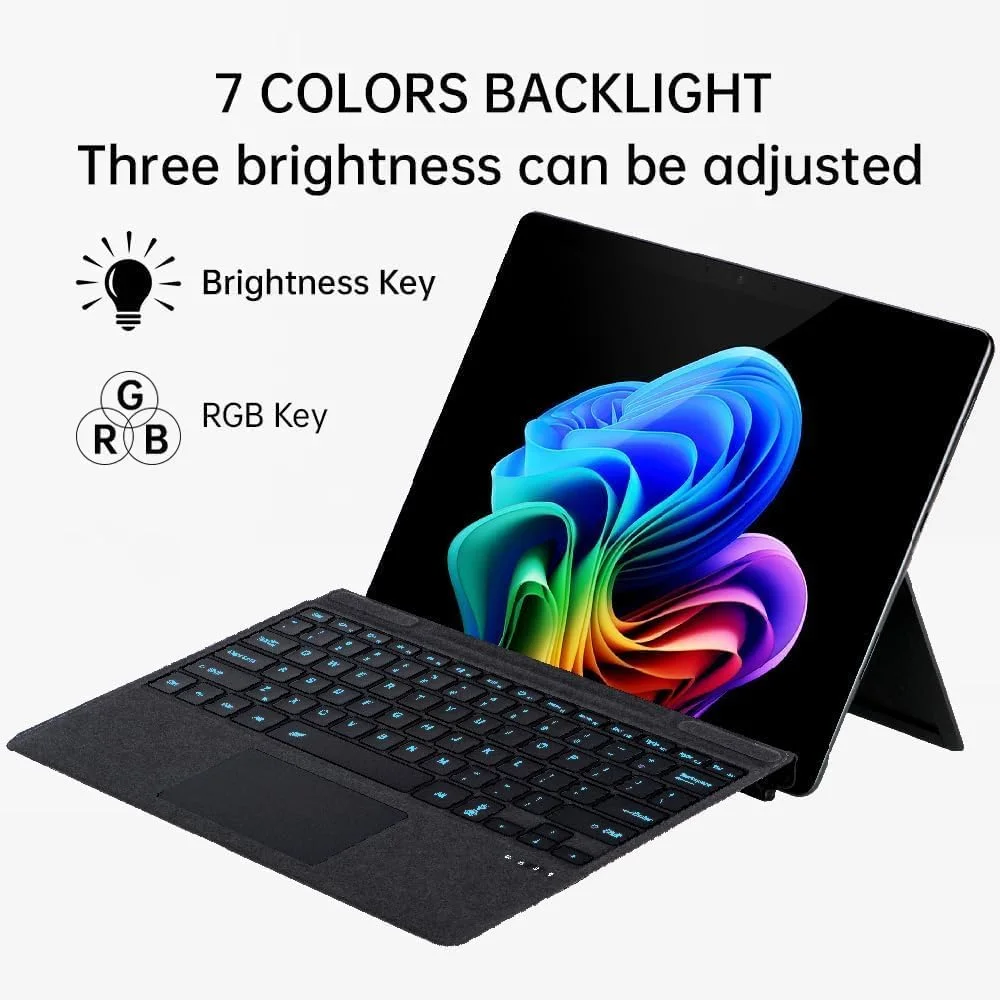 کیبورد عربی و انگلیسی Gruattreay برای مایکروسافت سرفیس پرو 11/X/10/9/8، کیبورد بی سیم بلوتوثی با نور پس زمینه 7 رنگ حروف الفبا و قابلیت جدا شدن به همراه جای قلم مغناطیسی (مشکی)