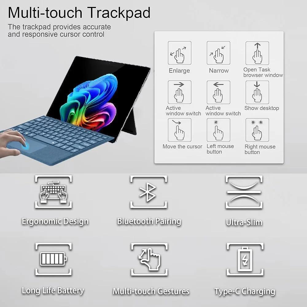 کیبورد عربی و انگلیسی Gruattreay برای مایکروسافت سرفیس پرو 11/X/10/9/8، کیبورد بی سیم بلوتوثی با نور پس زمینه 7 رنگ حروف الفبا و قابلیت جدا شدن به همراه جای قلم مغناطیسی (مشکی)