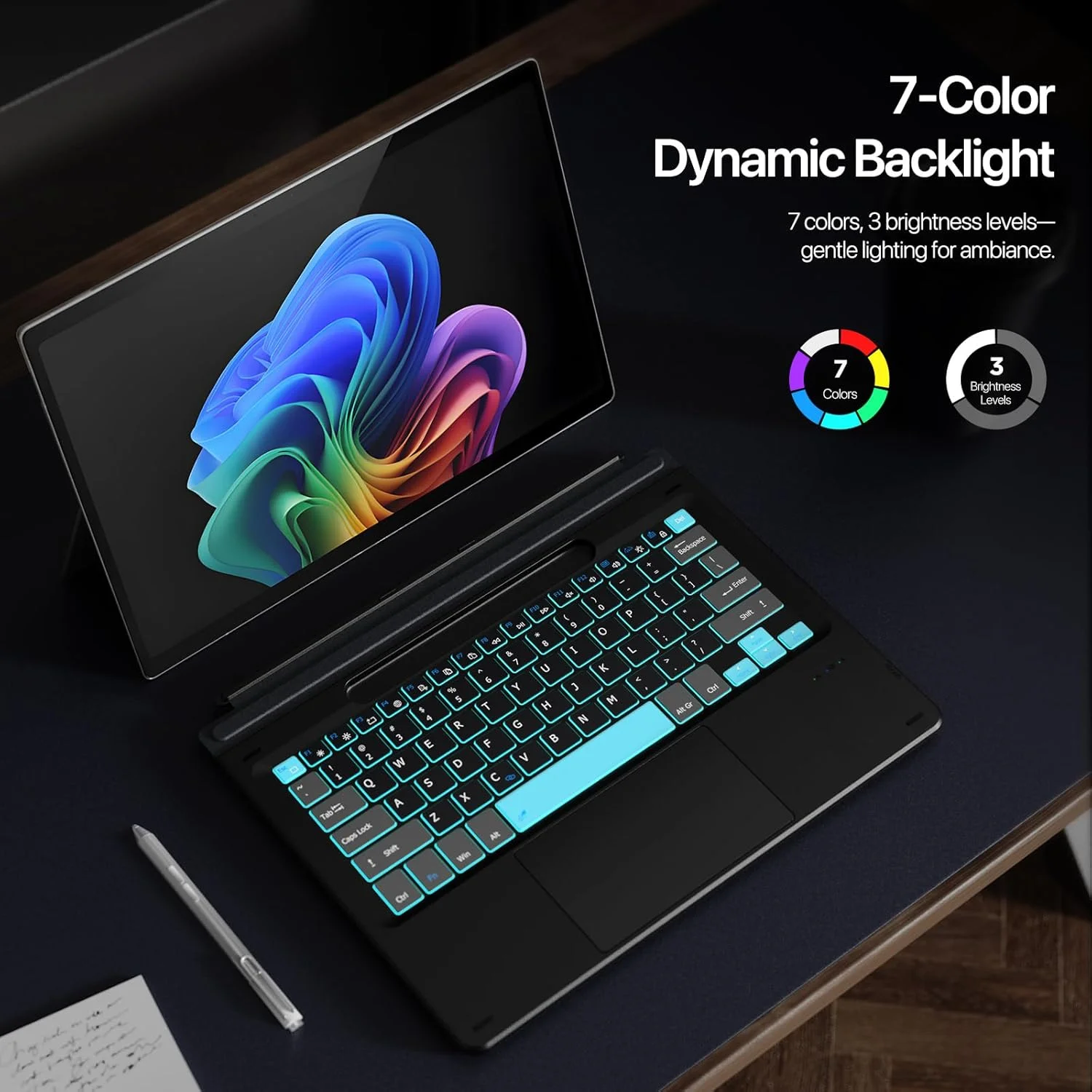 کیبورد Gruattreay سازگار با Microsoft Surface Pro 11/10/9/8/X، [13 اینچ]، دارای نور پس زمینه 7 رنگ، کیبورد بلوتوثی بی سیم فوق العاده باریک با تاچ پد و نگهدارنده قلم (استایل 2)