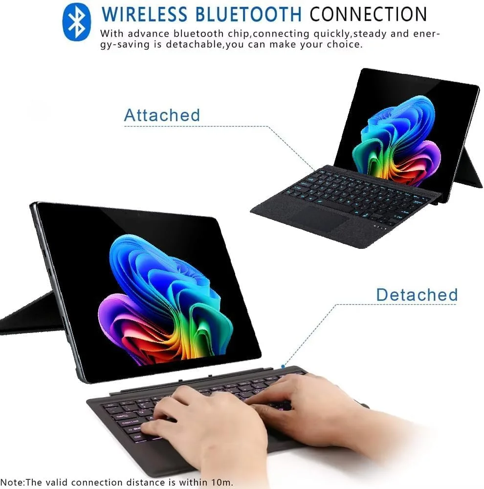 کیبورد عربی و انگلیسی Gruattreay برای مایکروسافت سرفیس پرو 11/X/10/9/8، کیبورد بی سیم بلوتوثی با نور پس زمینه 7 رنگ حروف الفبا و قابلیت جدا شدن به همراه جای قلم مغناطیسی (مشکی)