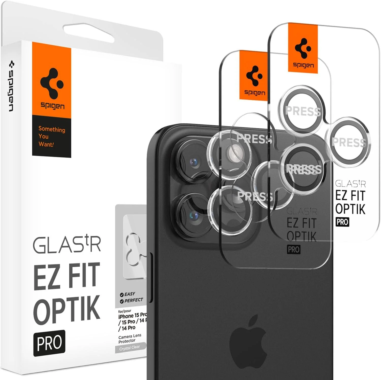 محافظ لنز دوربین شیشه ای Spigen GLAStR EZ-Fit Optik PRO برای آیفون 16 پرو مکس/15 پرو/14 پرو - شفاف [بسته 2 عددی]