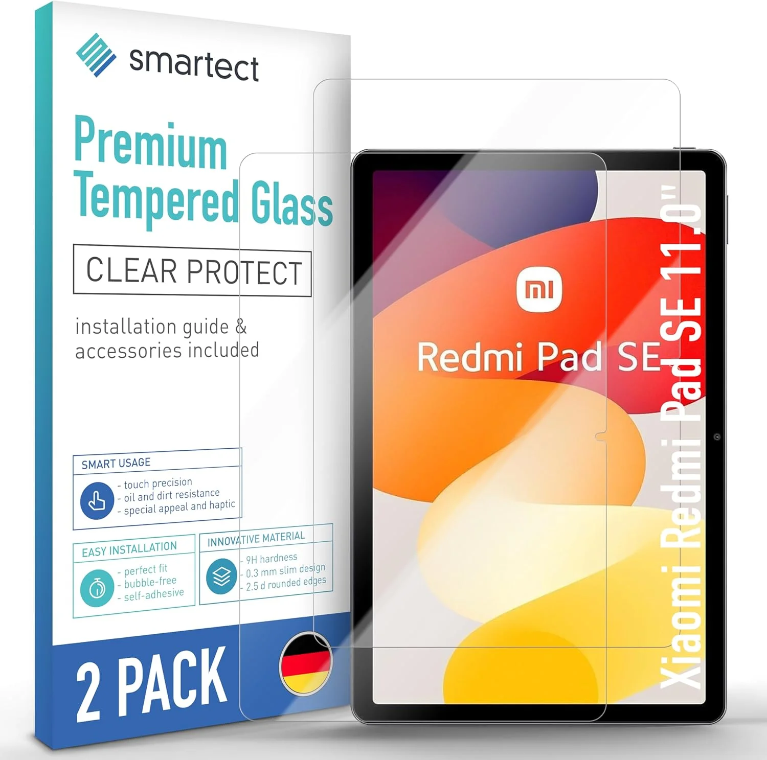 محافظ صفحه نمایش شیشه ای تمپرد [2 عدد، شفاف] smartect برای شیائومی Redmi Pad SE 11 اینچ، محافظ صفحه نمایش شیشه ای HD، ضد خش، بدون حباب، سختی 9H، 0.3 میلی متر، فوق العاده شفاف، مقاوم