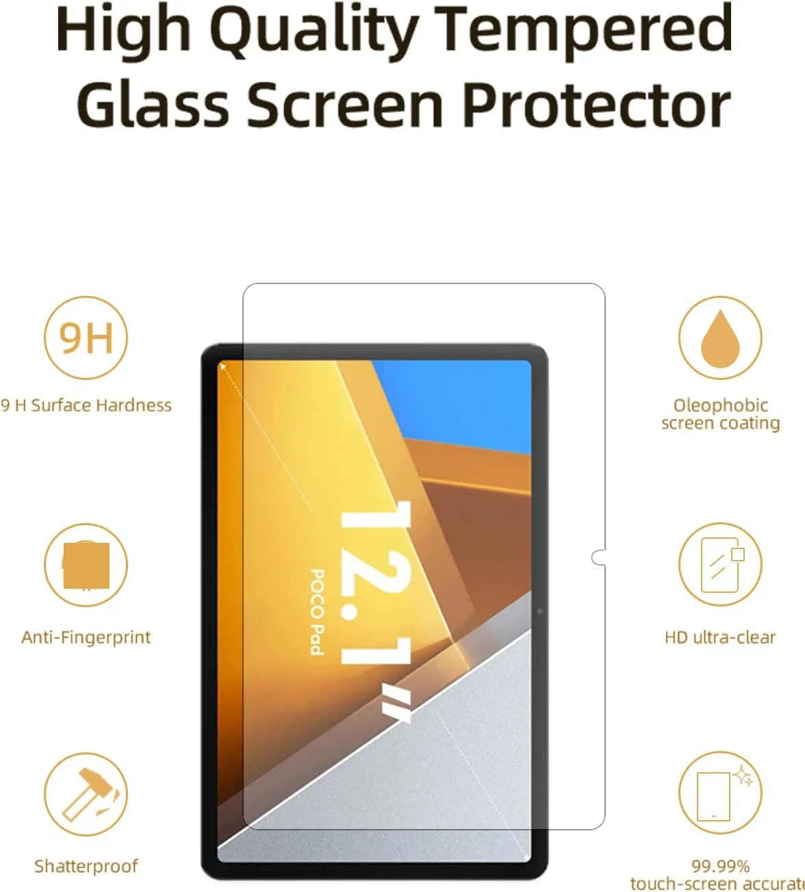 محافظ صفحه نمایش WUNIAK برای تبلت شیائومی پوکو پد 12.1 اینچی، فیلم شیشه ای حرارت دیده ضد خش با حساسیت لمسی بالا، 2 عدد