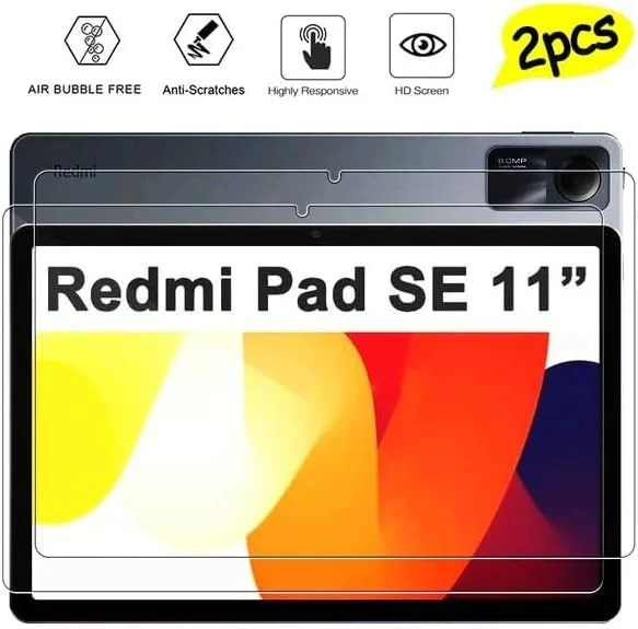 محافظ صفحه نمایش Muzz Redmi Pad SE با سختی 9H برای شیائومی Redmi Pad SE 11 اینچ 2023، شفافیت HD، نصب آسان، ضد خش، شیشه حرارت دیده بدون حباب، بسته 2 عددی (Xiaomi Redmi Pad SE (11.0""))