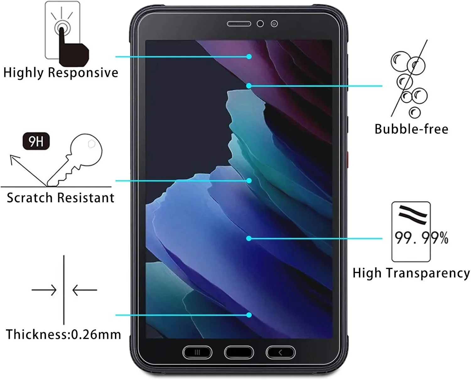 محافظ صفحه نمایش شیشه ای حرارت دیده برای تبلت سامسونگ گلکسی تب اکتیو 3 با سختی 9H و وضوح HD، ضد انفجار