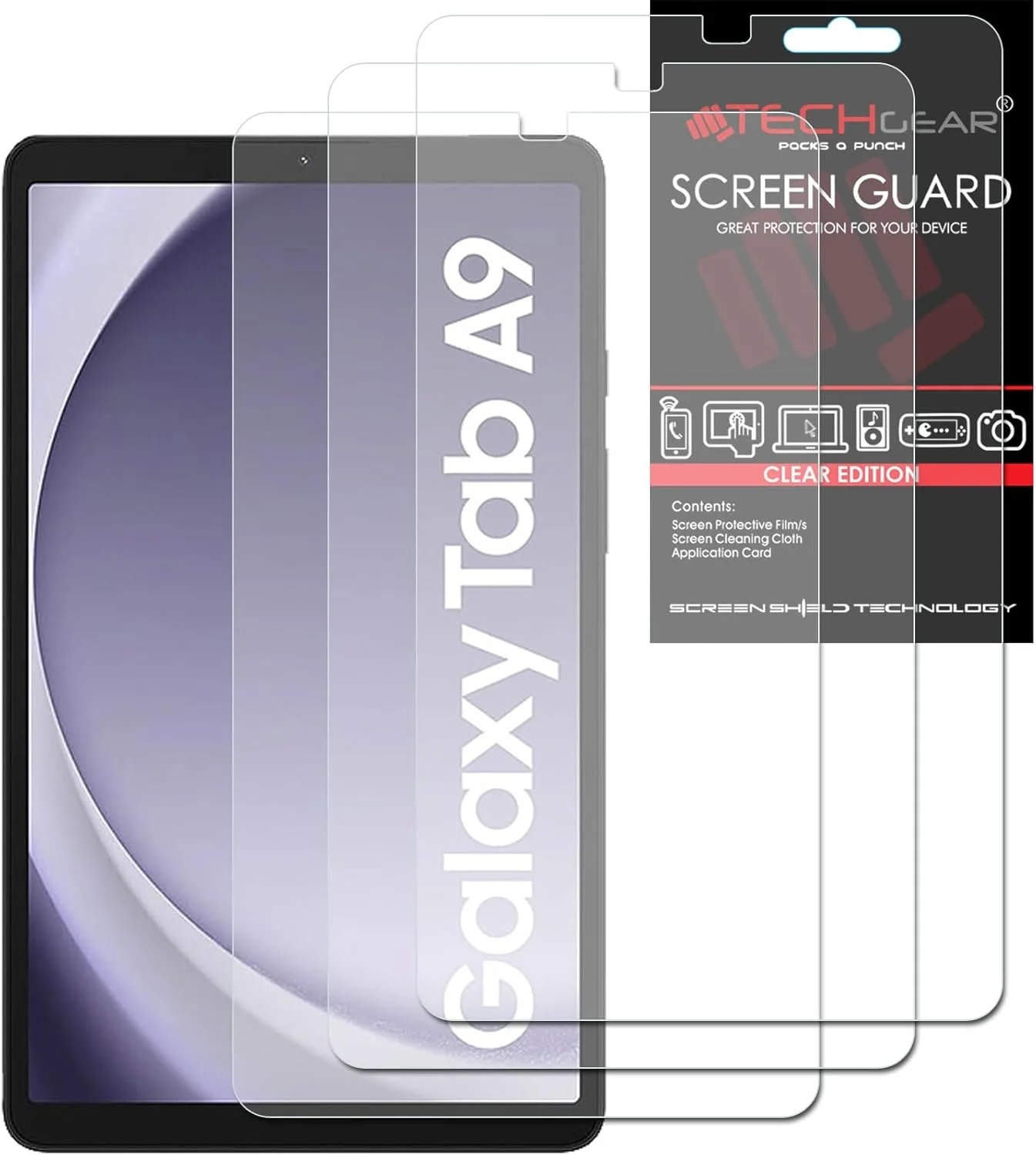 محافظ صفحه نمایش شفاف TECHGEAR بسته 3 عددی مناسب برای گلکسی تب A9 8.7 اینچ (SM-X110 / SM-X115)، محافظ صفحه نمایش فوق العاده شفاف طراحی شده برای سامسونگ گلکسی تب A9 8.7 اینچ 2023