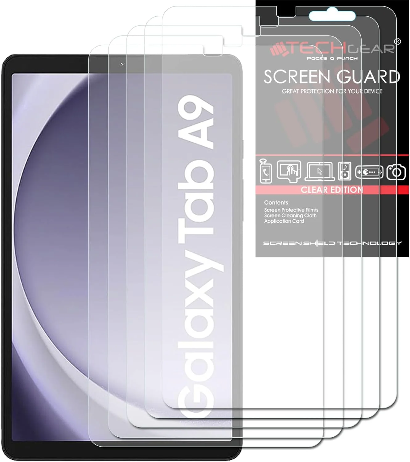 محافظ صفحه نمایش شفاف TECHGEAR بسته 5 عددی مناسب برای تبلت گلکسی تب A9 8.7 اینچی (SM-X110 / SM-X115)، طراحی شده برای سامسونگ گلکسی تب A9 8.7 اینچی 2023