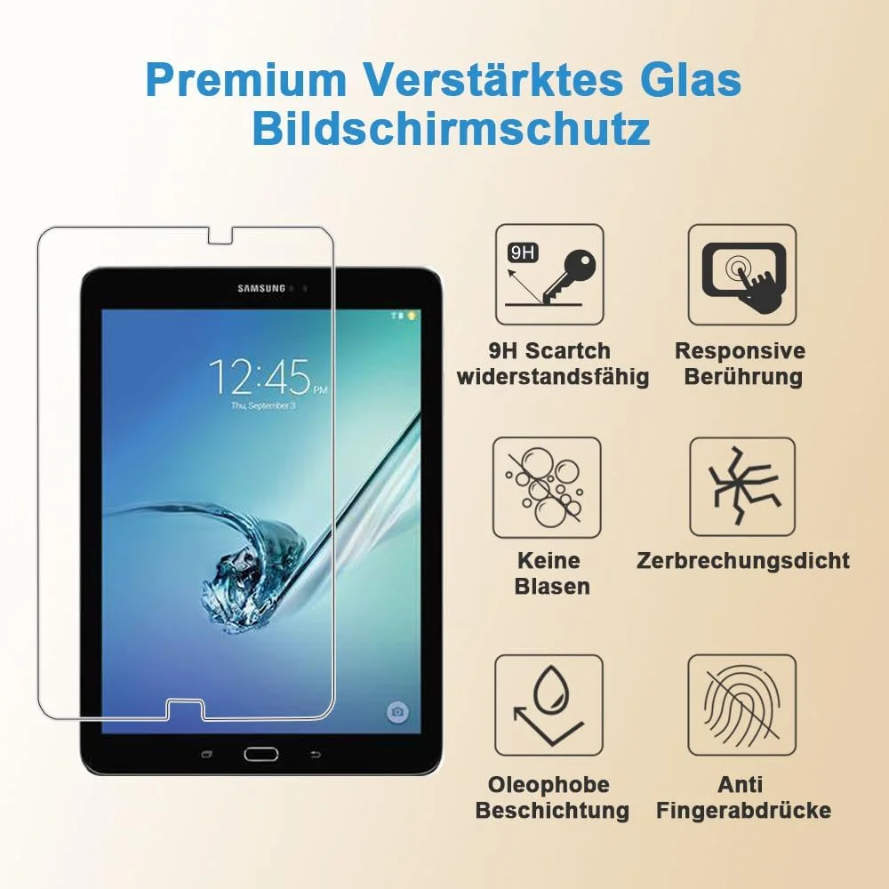 محافظ صفحه نمایش شیشه ای حرارت دیده Shunwige برای سامسونگ (TAB S2 9.7") T815/T810/T819، محافظ صفحه نمایش شیشه ای حرارت دیده با وضوح بالا، سختی 9H، ضد خش، حساس به لمس، محافظت در برابر سقوط