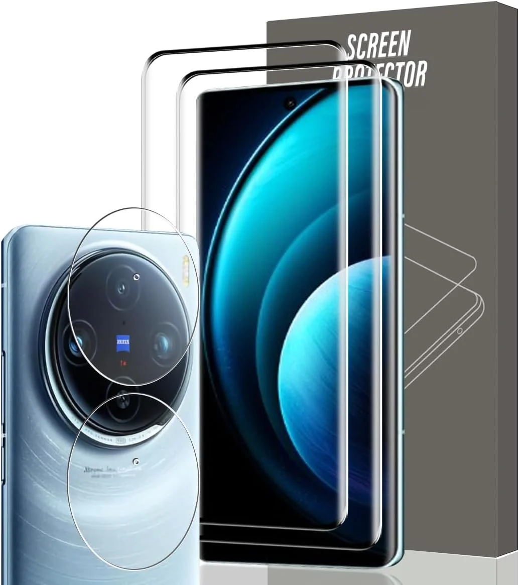 محافظ صفحه نمایش شیشه ای حرارت دیده Gelaasso برای ویوو X100 Pro، 2 عدد فیلم محافظ صفحه نمایش به همراه 2 عدد محافظ دوربین پشتی، سختی 9H – HD Ultra Clear