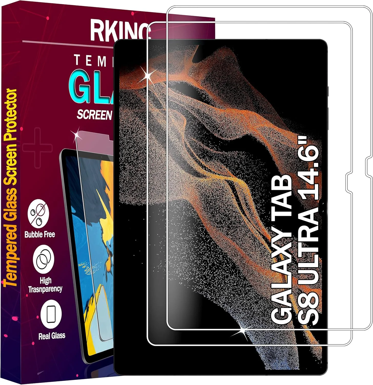 محافظ صفحه نمایش RKINC بسته 2 عددی برای تبلت سامسونگ گلکسی تب S8 Ultra (14.6 اینچ، مدل 2022، SM-X900/SM-X906)، شیشه محافظ صفحه نمایش HD، 0.33 میلی متر مقاوم در برابر خراش، بدون حباب