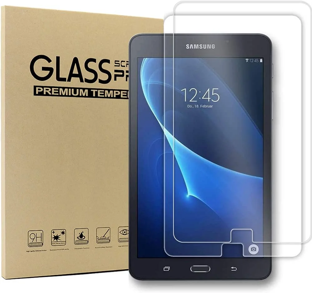 محافظ صفحه نمایش شیشه ای حرارت دیده [2 عدد] پوشش کامل - [لبه گرد] [سختی 9H] [شفافیت کریستالی] [مقاوم در برابر خراش] برای تبلت سامسونگ گلکسی تب A 7.0 اینچ، شفاف + 1 عدد غشای نرم