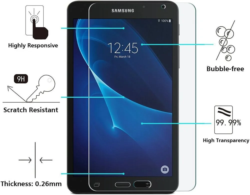 محافظ صفحه نمایش شیشه ای حرارت دیده [2 عدد] پوشش کامل - [لبه گرد] [سختی 9H] [شفافیت کریستالی] [مقاوم در برابر خراش] برای تبلت سامسونگ گلکسی تب A 7.0 اینچ، شفاف + 1 عدد غشای نرم