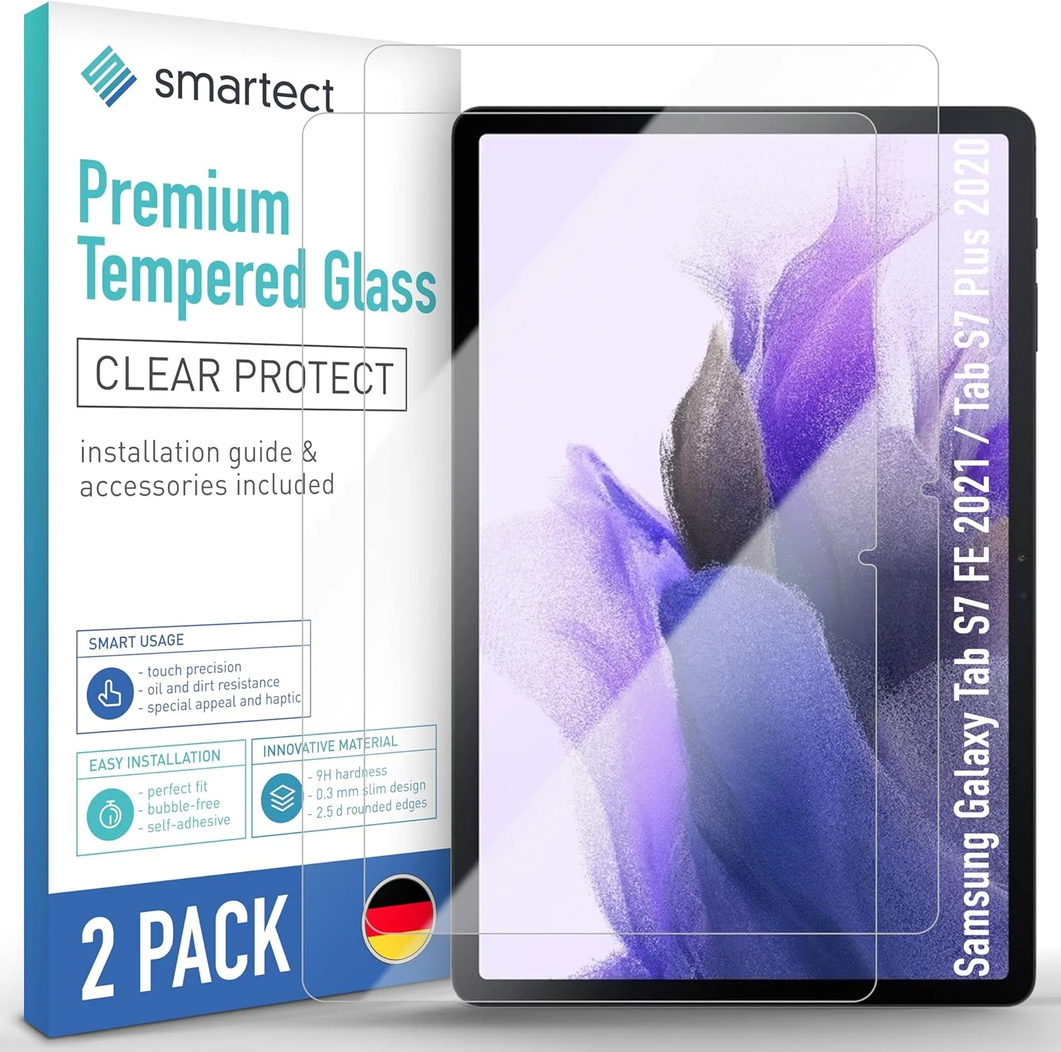 محافظ صفحه نمایش شیشه ای smartect [2 عدد، شفاف] سازگار با Samsung Galaxy Tab S7 FE 2021 / Tab S7 Plus 2020، شیشه محافظ ضد خش، شیشه Gerhard 9H، بدون حباب، فوق العاده مقاوم