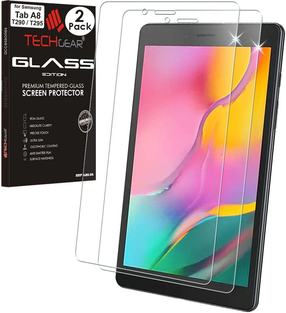 محافظ صفحه نمایش شیشه ای TECHGEAR [بسته 2 عددی] طراحی شده برای Samsung Galaxy Tab A 8.0 2019 8 اینچی (SM-T290 / SM-T295)، محافظ صفحه نمایش شیشه ای حرارت دیده [سختی 9H] [وضوح HD] [مقاوم در برابر خراش]