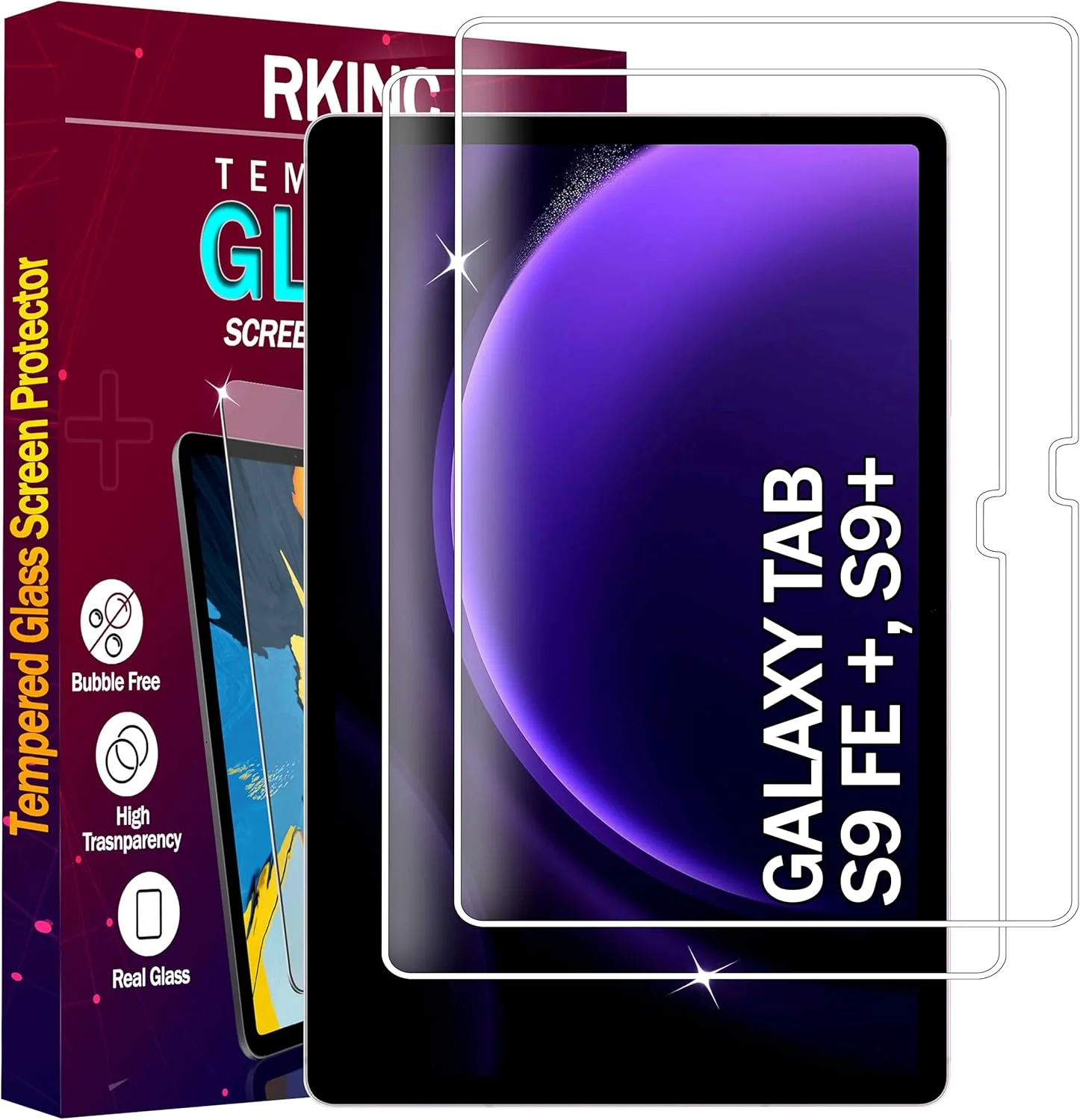 محافظ صفحه نمایش شیشه ای RKINC بسته 2 عددی برای تبلت سامسونگ گلکسی تب S9 FE پلاس/تب S9 پلاس/S7 FE و سامسونگ تب S9 FE+/تب S9+/S8+/S7+/S7 FE، محافظ صفحه نمایش شیشه حرارت دیده، 0.33 میلی متر مقاوم در برابر خراش