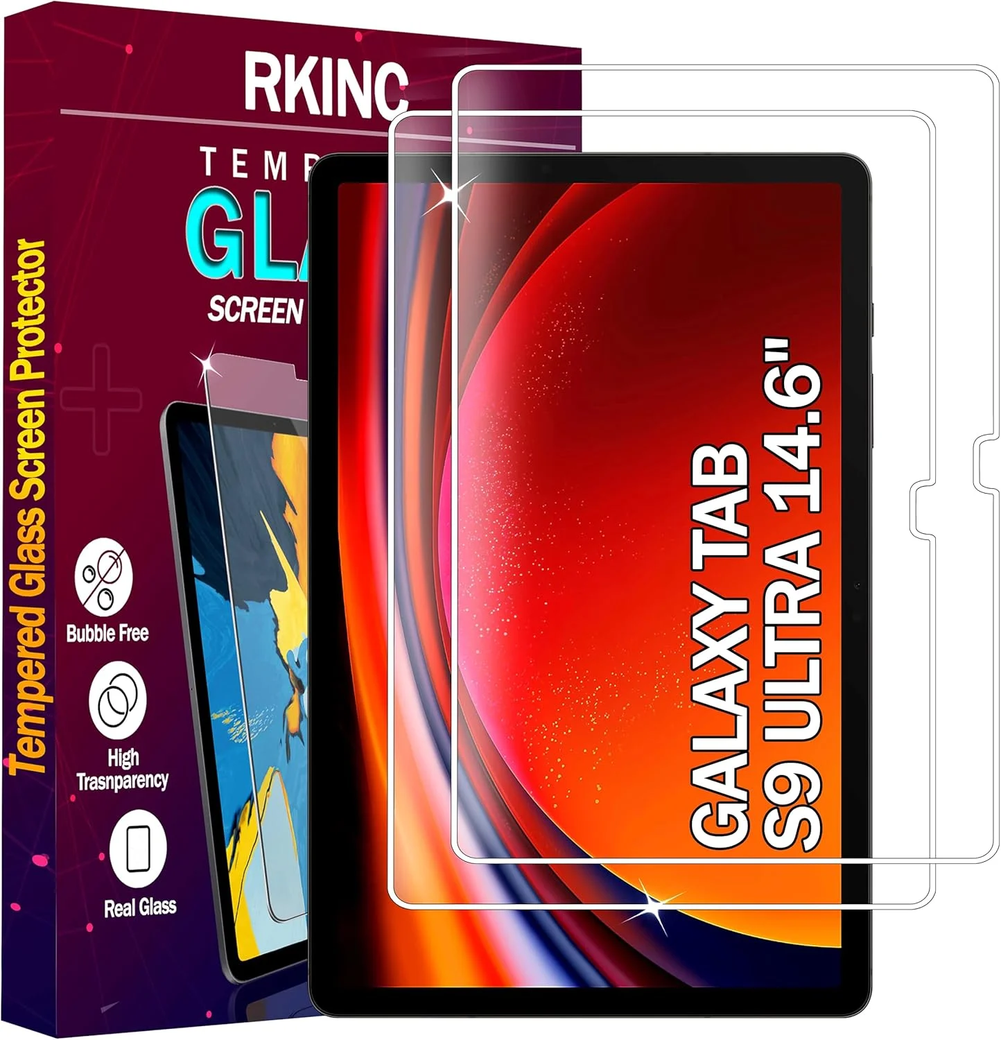 محافظ صفحه نمایش RKINC بسته 2 عددی برای تبلت سامسونگ گلکسی تب S9 Ultra 14.6 اینچی، محافظ صفحه شیشه ای حرارت دیده HD، مقاوم در برابر خراش، بدون حباب